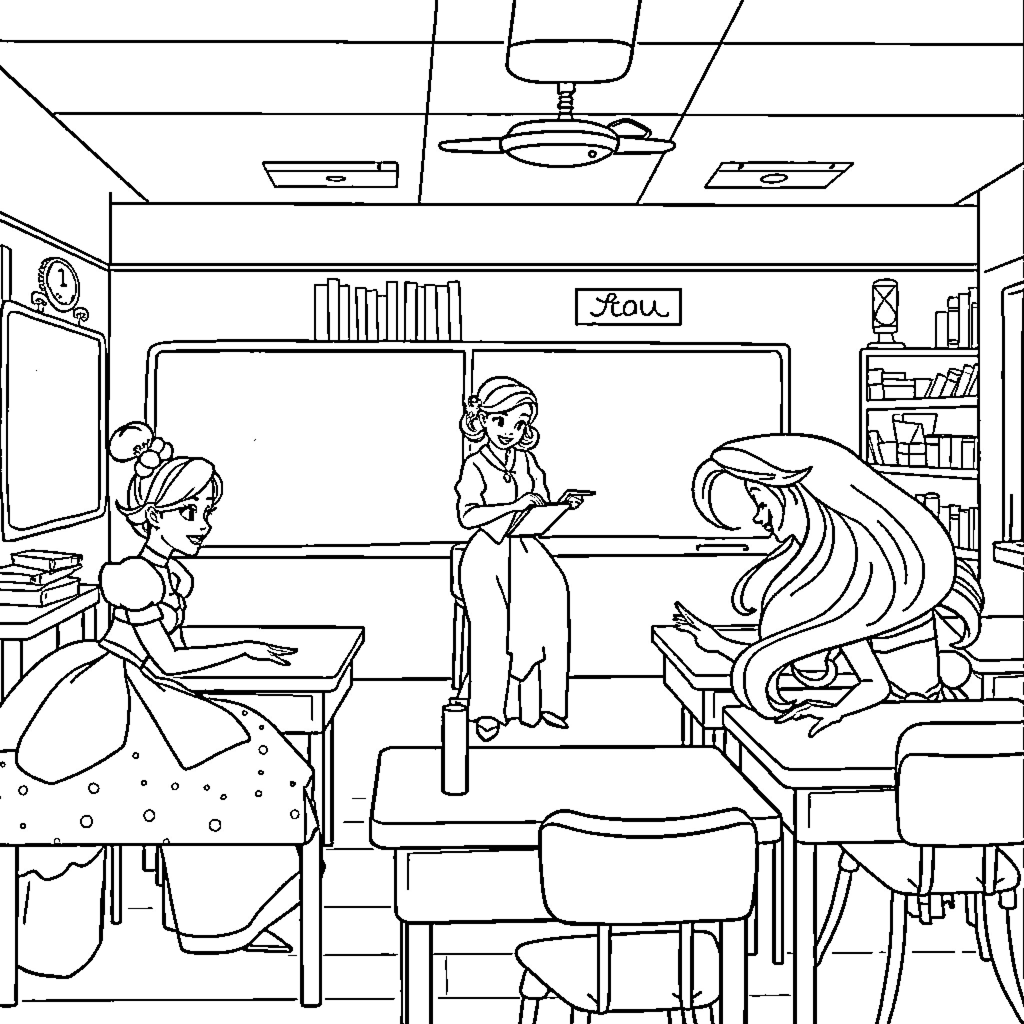 Princess in Classroom Learning with Friends Coloring Page (free black-and-white line drawing printable PDF for all, from beginners to advanced learners, including children, teens, adults, and seniors)