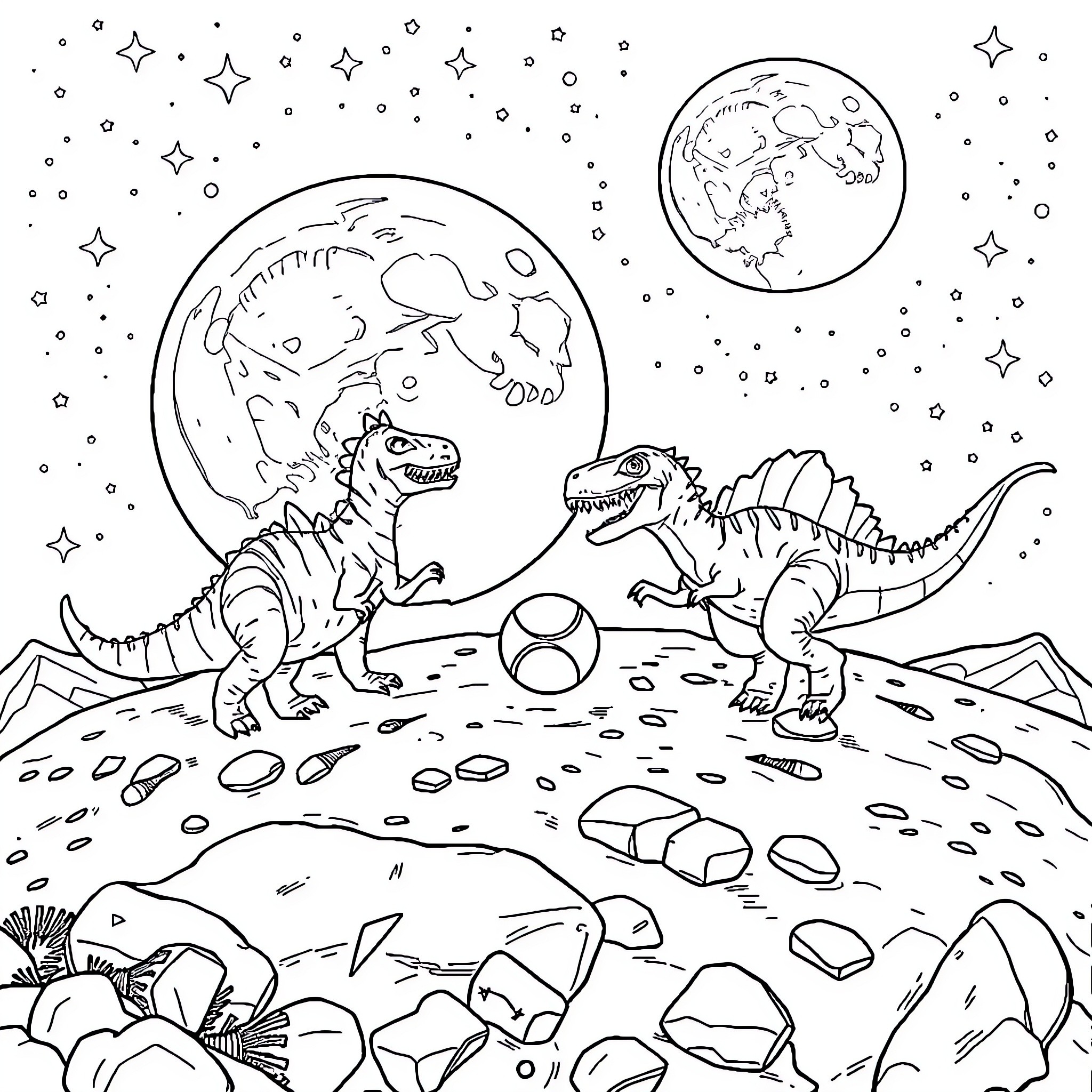 Dinosaurs playing in the alien world Coloring Page (free black-and-white line drawing printable PDF for all, from beginners to advanced learners, including children, teens, adults, and seniors)