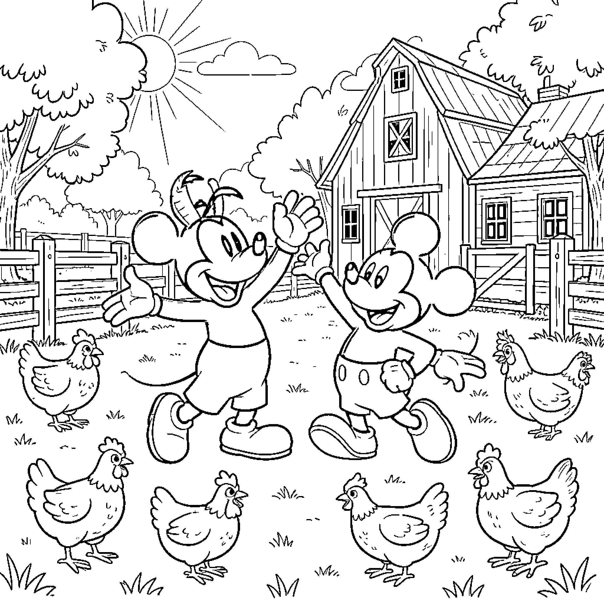 Mickey Mouse and Friends Explore the Farmyard Coloring Page (free black-and-white line drawing printable PDF for all, from beginners to advanced learners, including children, teens, adults, and seniors)