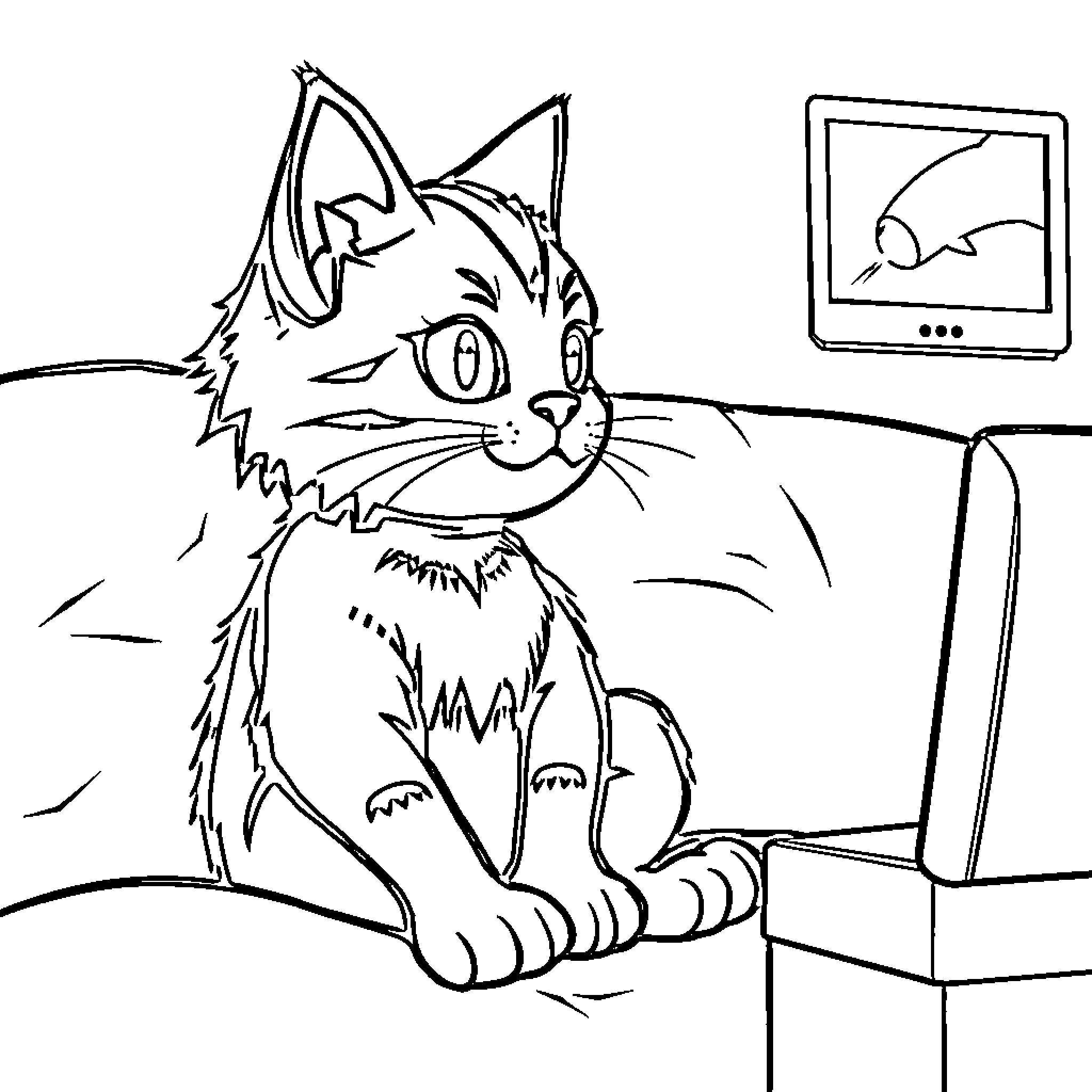 Sitama the cat watching TV Coloring Page (free black-and-white line drawing printable PDF for all, from beginners to advanced learners, including children, teens, adults, and seniors)