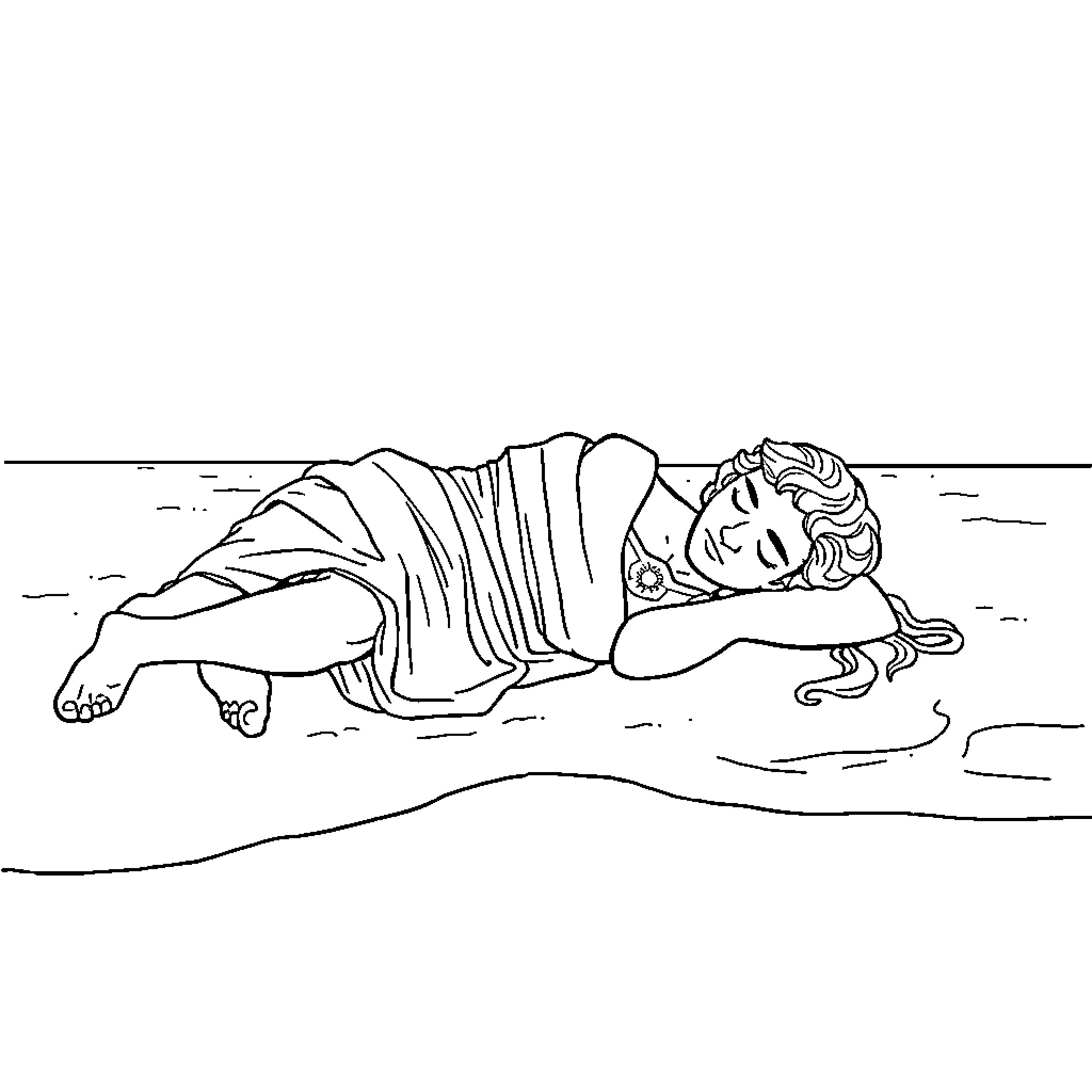 Alexander resting peacefully on the beach Coloring Page (free black-and-white line drawing printable PDF for all, from beginners to advanced learners, including children, teens, adults, and seniors)