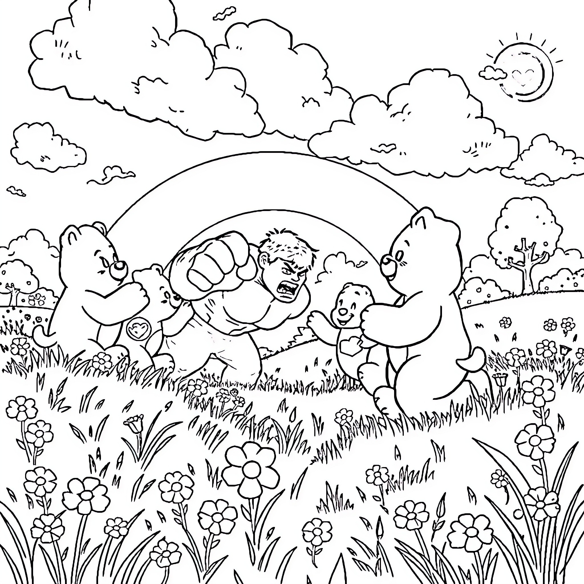 Hulk's Outdoor Adventure with Furry Friends Coloring Page (free black-and-white line drawing printable PDF for all, from beginners to advanced learners, including children, teens, adults, and seniors)