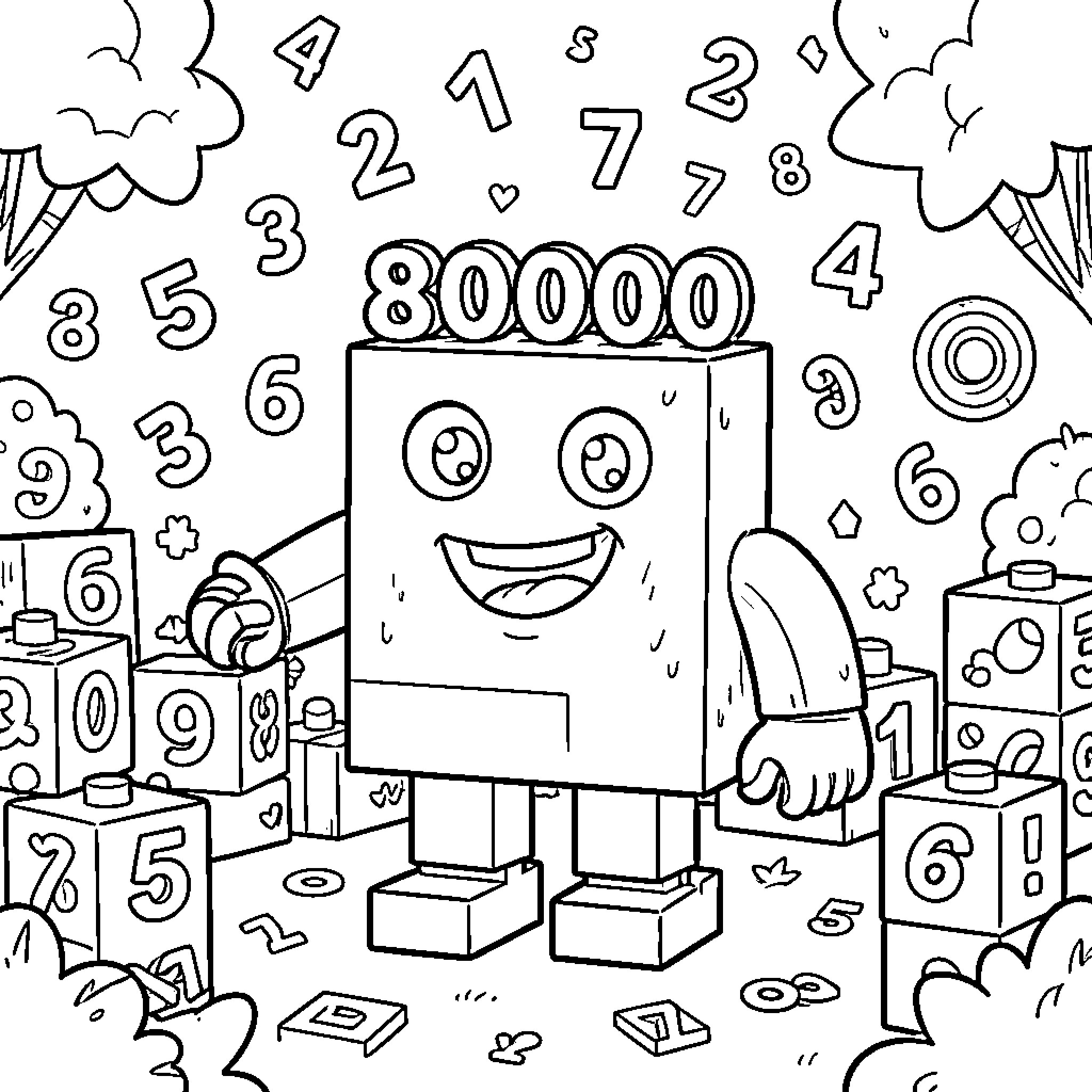 Numberblocks character smiling amidst many floating numbers Coloring Page (free black-and-white line drawing printable PDF for all, from beginners to advanced learners, including children, teens, adults, and seniors)