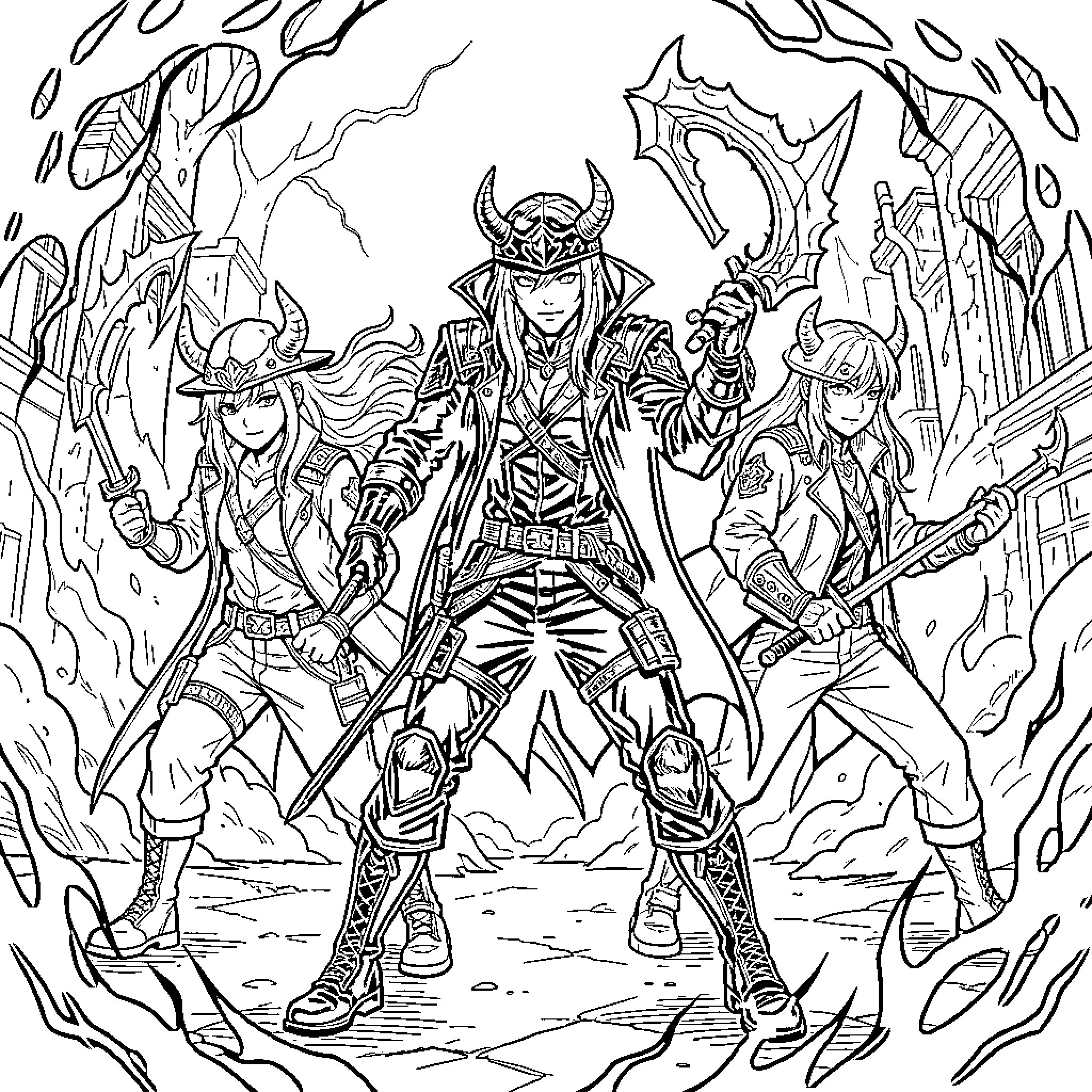 Kpop Demon Hunter: Warrior group ready for battle Coloring Page (free black-and-white line drawing printable PDF for all, from beginners to advanced learners, including children, teens, adults, and seniors)