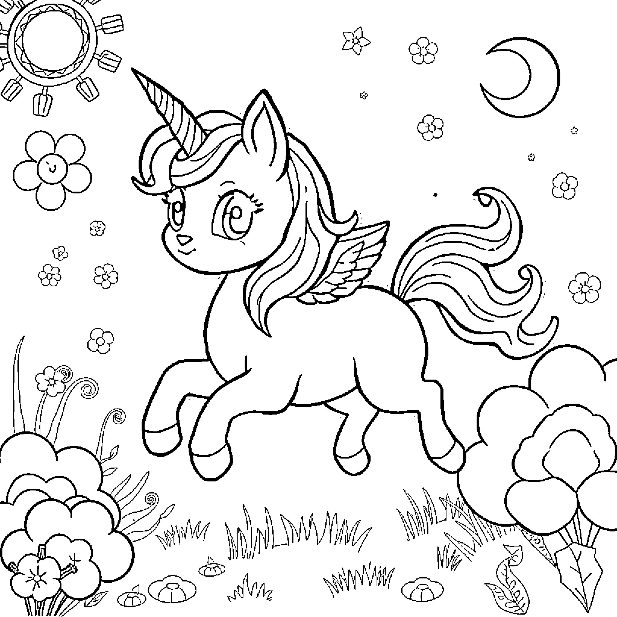 Kittycorn frolicking in a whimsical meadow Coloring Page (free black-and-white line drawing printable PDF for all, from beginners to advanced learners, including children, teens, adults, and seniors)