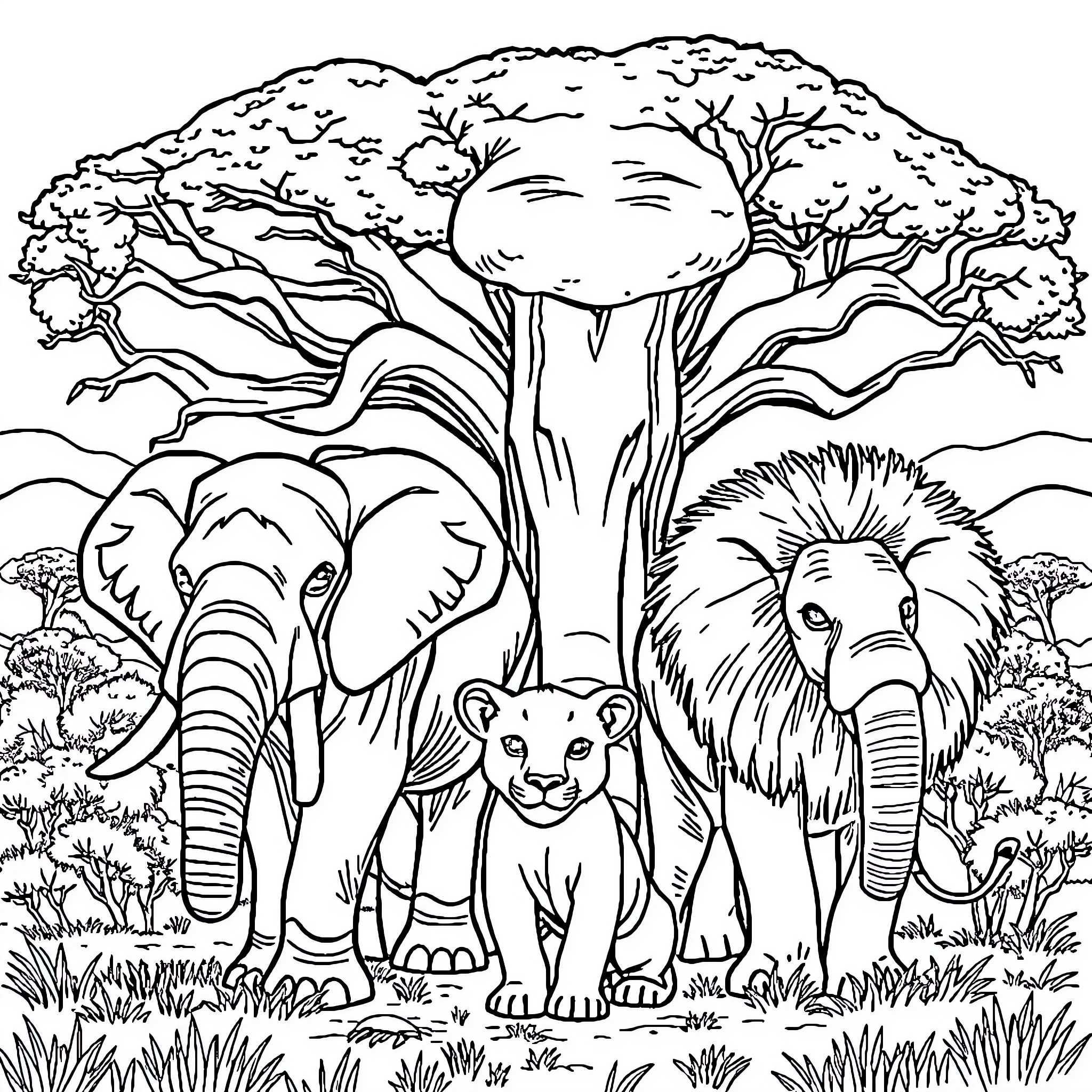 Animal friends explore the wild landscape Coloring Page (free black-and-white line drawing printable PDF for all, from beginners to advanced learners, including children, teens, adults, and seniors)