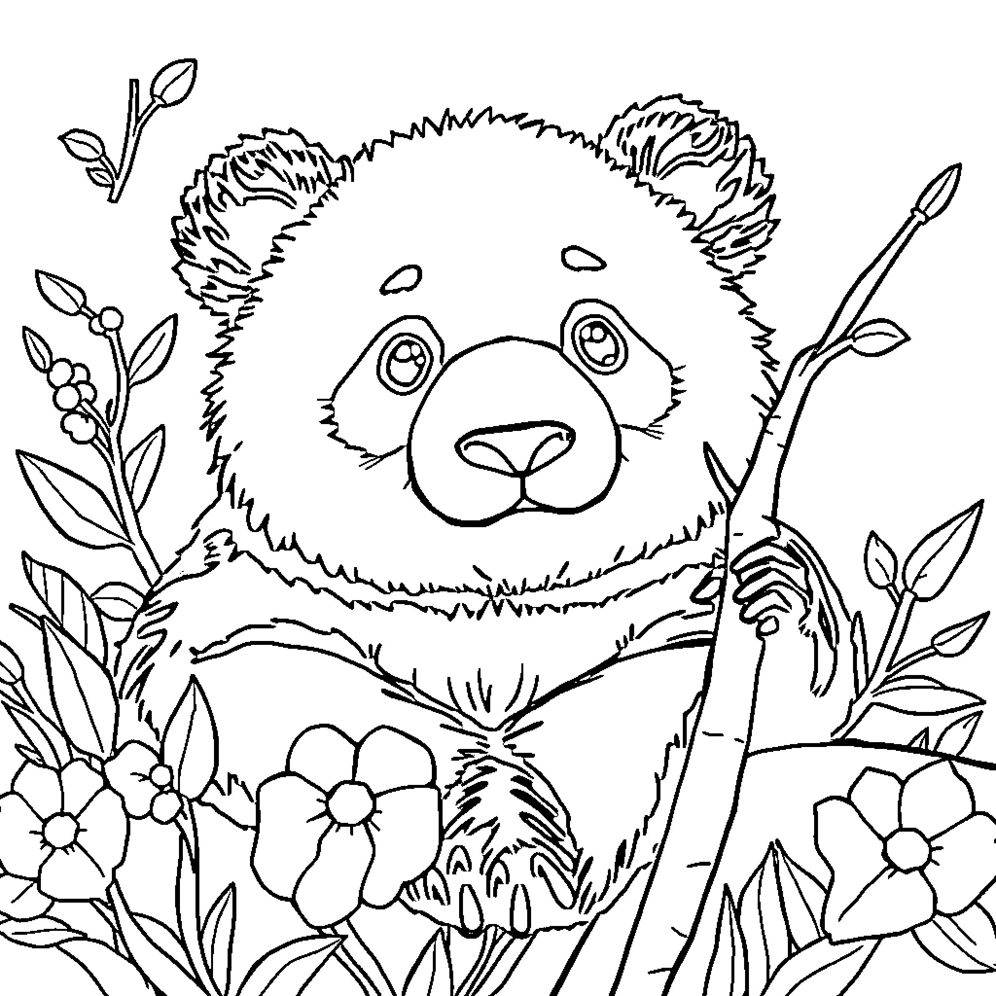 Panda in a floral garden Coloring Page (free black-and-white line drawing printable PDF for all, from beginners to advanced learners, including children, teens, adults, and seniors)