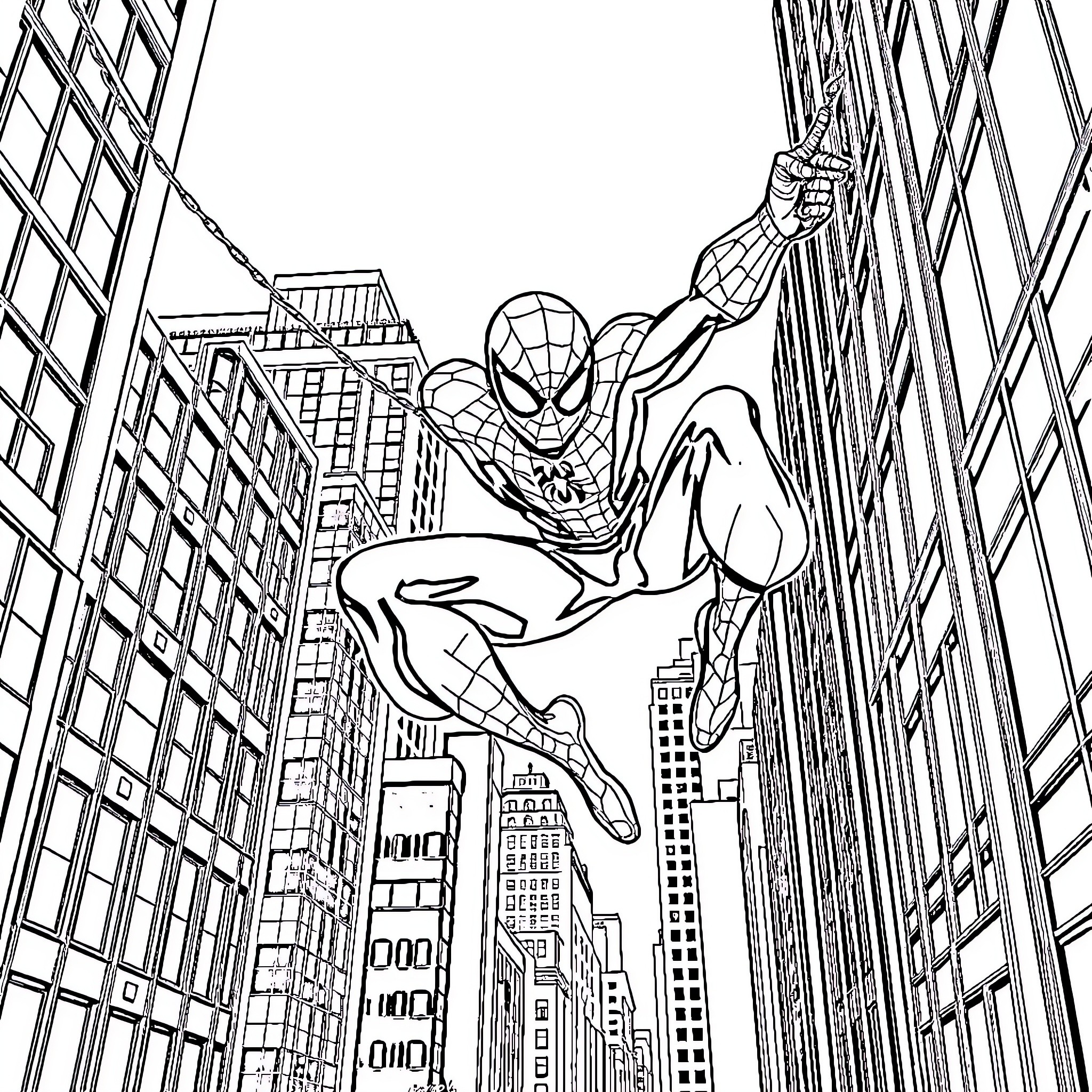 Spiderman swinging through the city skyline Coloring Page (free black-and-white line drawing printable PDF for all, from beginners to advanced learners, including children, teens, adults, and seniors)