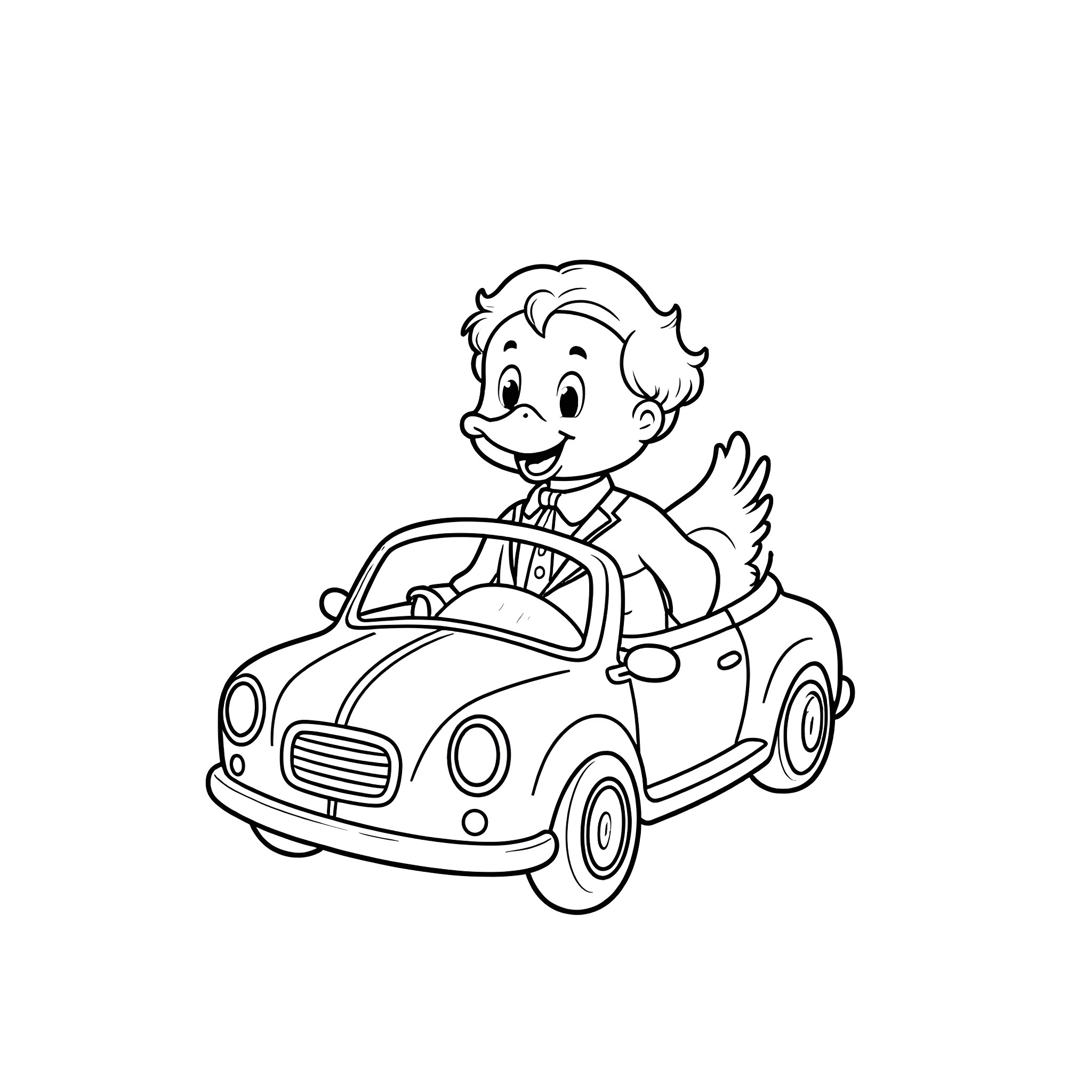 Duck driving a toy car happily Coloring Page (free black-and-white line drawing printable PDF for all, from beginners to advanced learners, including children, teens, adults, and seniors)