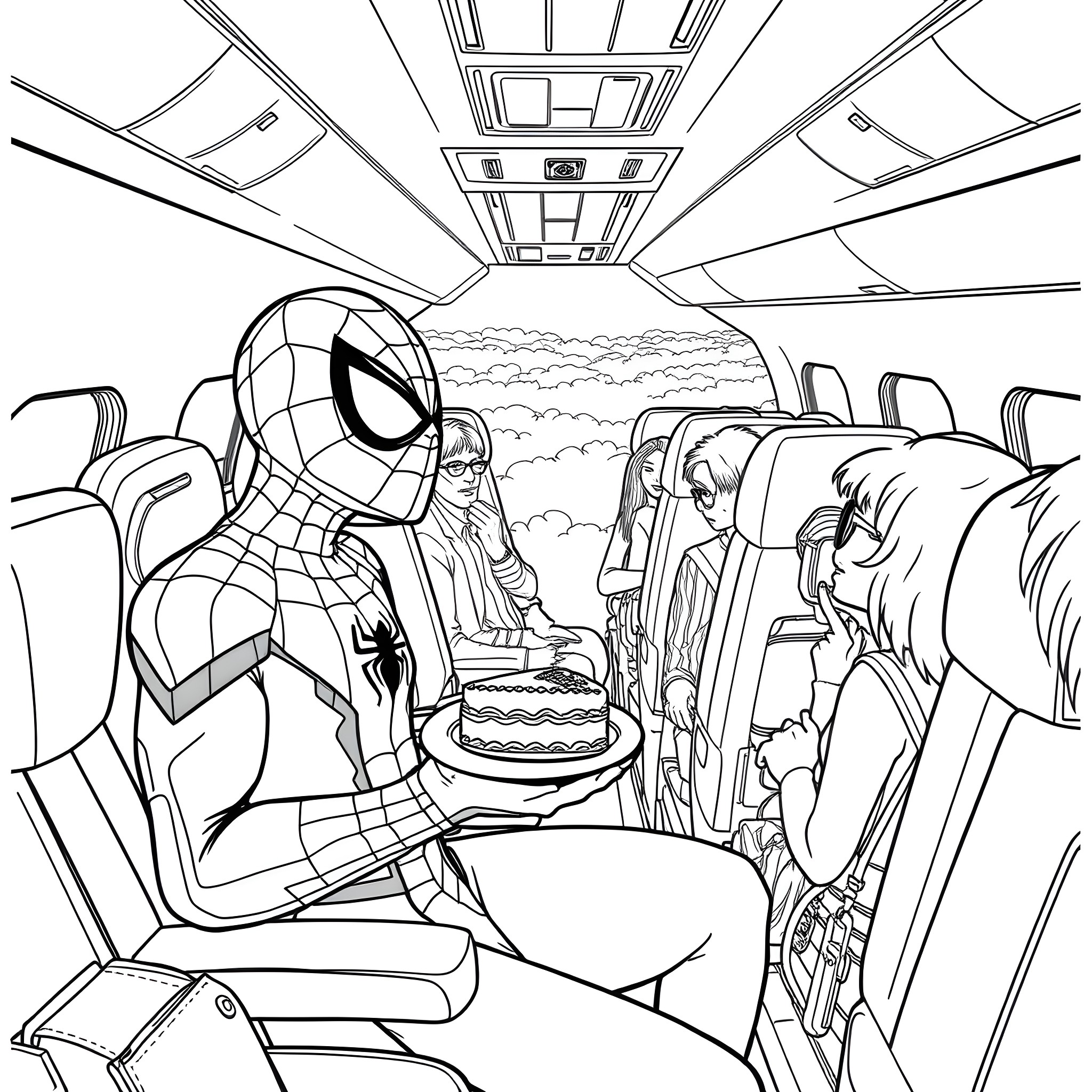 Spider-Man surprising passengers with a birthday cake on a bus Coloring Page (free black-and-white line drawing printable PDF for all, from beginners to advanced learners, including children, teens, adults, and seniors)