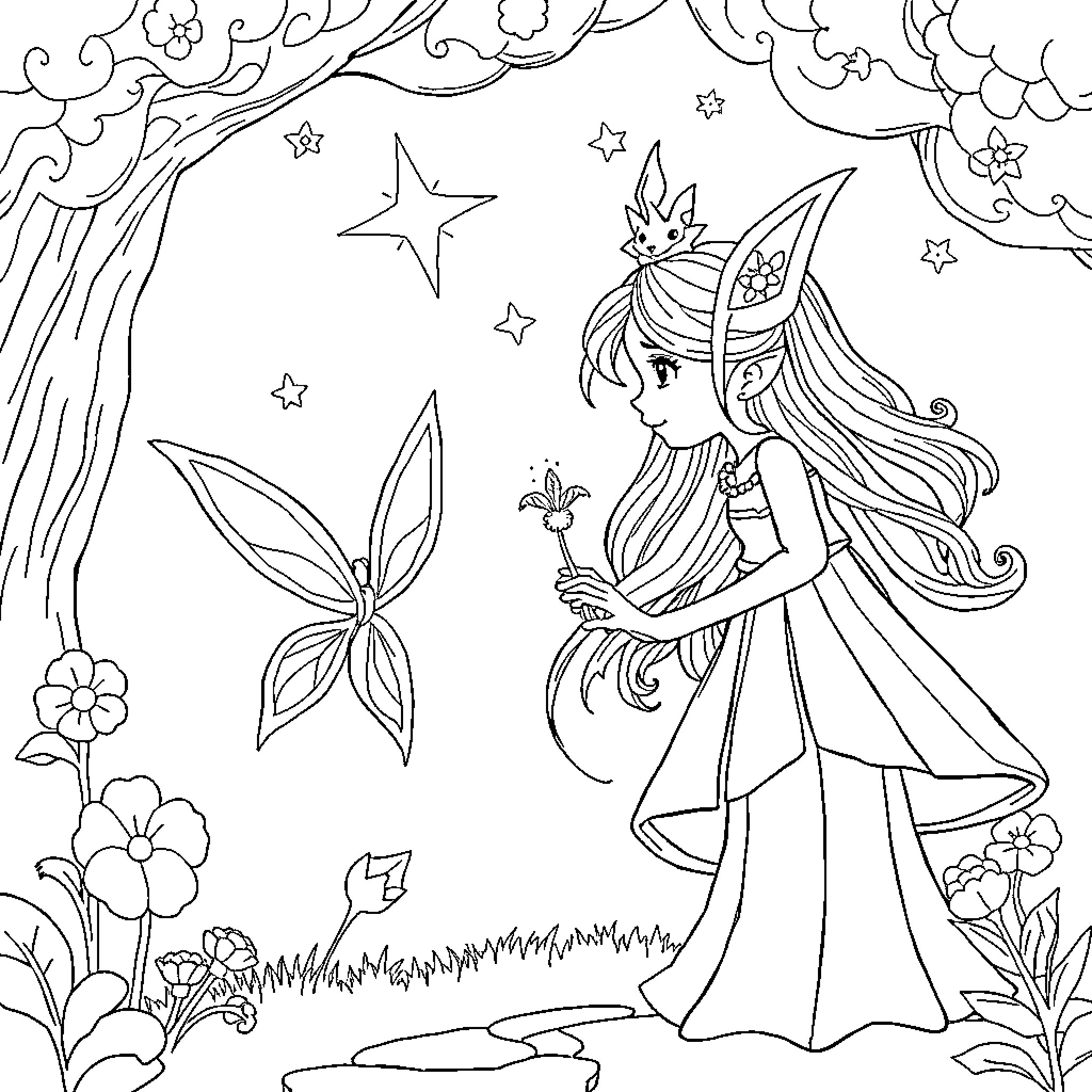 Miraculous girl holding a wand in a magical forest Coloring Page (free black-and-white line drawing printable PDF for all, from beginners to advanced learners, including children, teens, adults, and seniors)