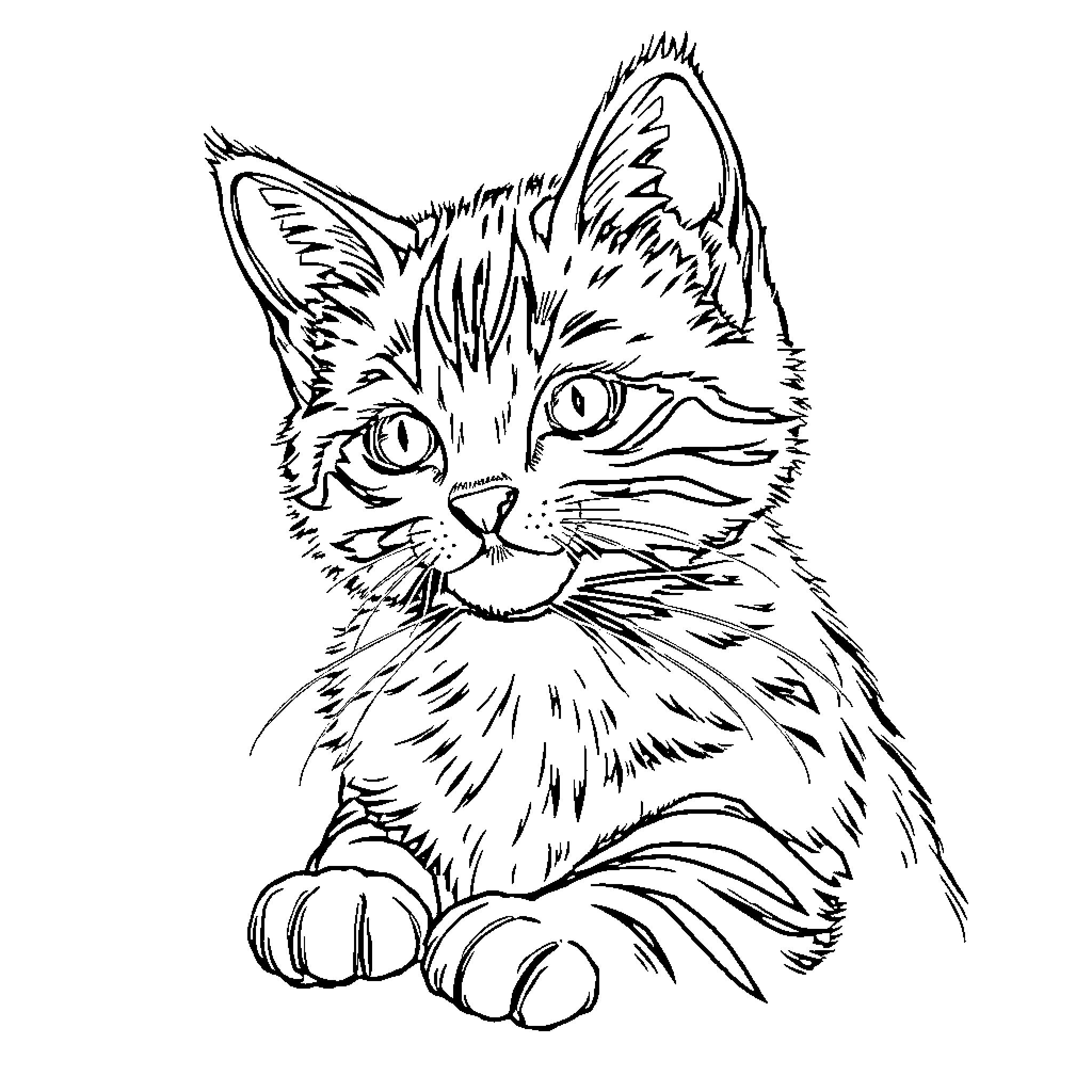 Kitten with curious expression Coloring Page (free black-and-white line drawing printable PDF for all, from beginners to advanced learners, including children, teens, adults, and seniors)