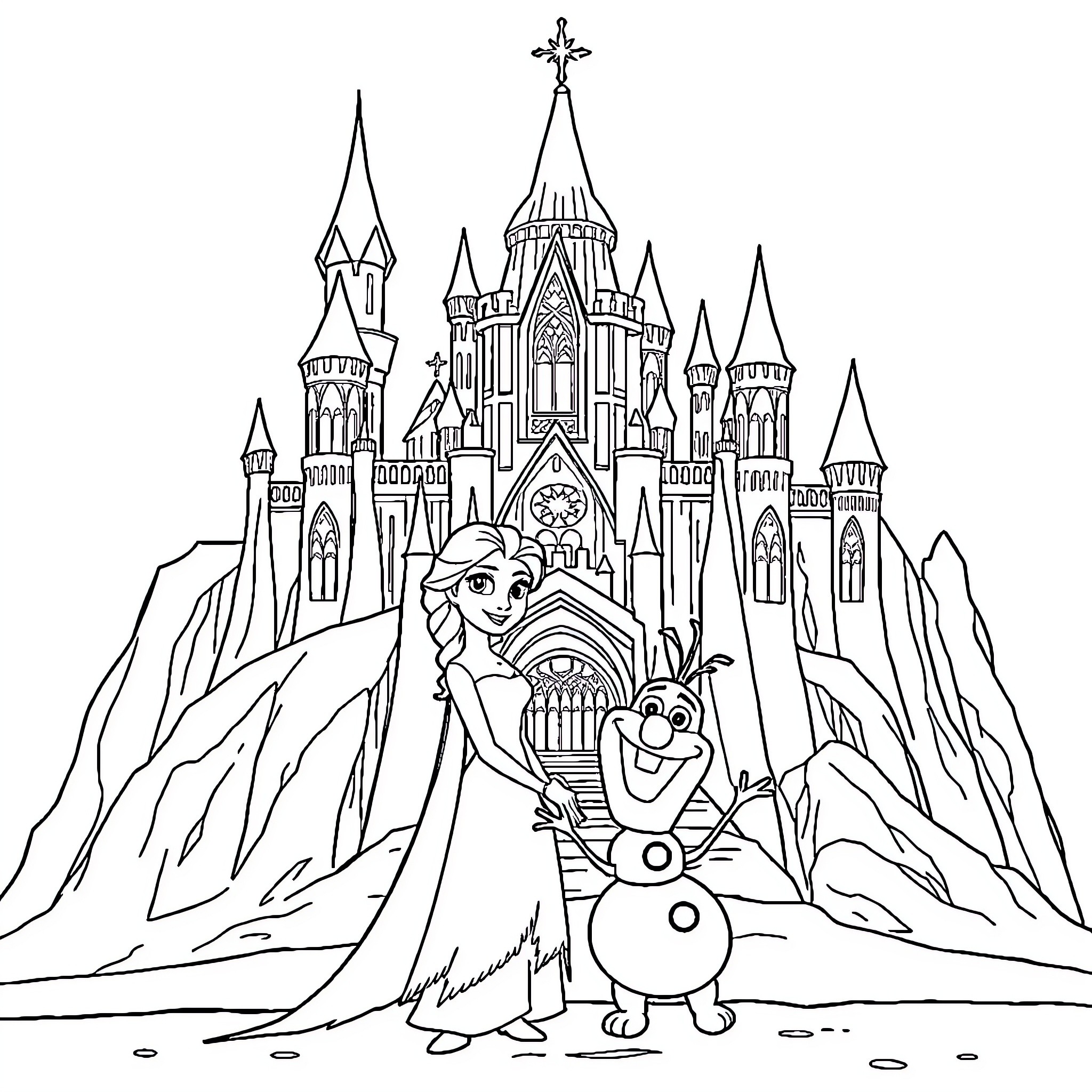 Elsa and Olaf explore the magical castle Coloring Page (free black-and-white line drawing printable PDF for all, from beginners to advanced learners, including children, teens, adults, and seniors)