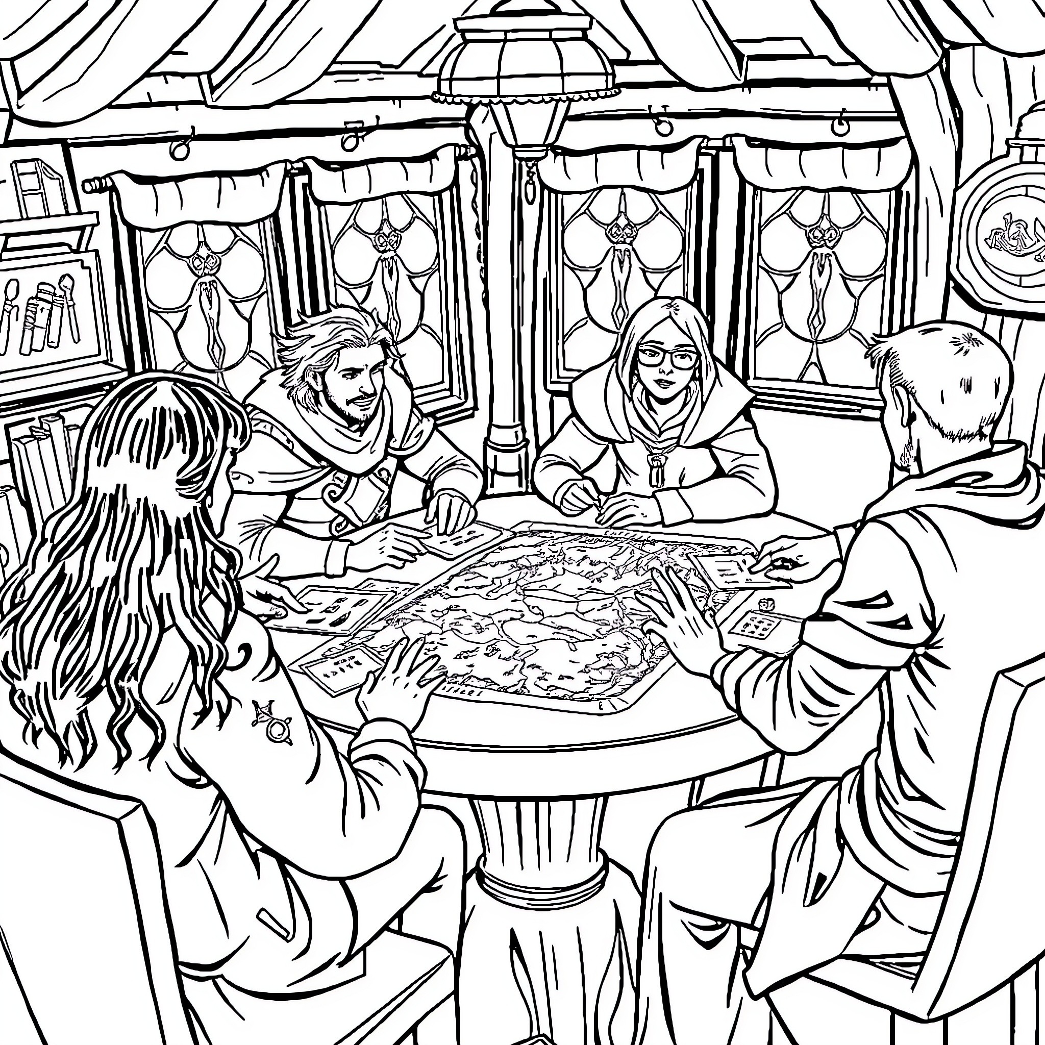 Dungeon council meeting with adventurers discussing plans Coloring Page (free black-and-white line drawing printable PDF for all, from beginners to advanced learners, including children, teens, adults, and seniors)