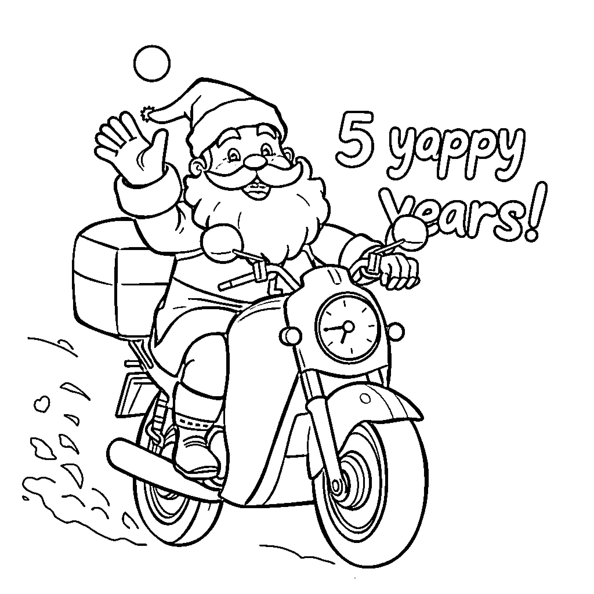 Santa riding motorcycle and celebrating 5 happy years Coloring Page (free black-and-white line drawing printable PDF for all, from beginners to advanced learners, including children, teens, adults, and seniors)