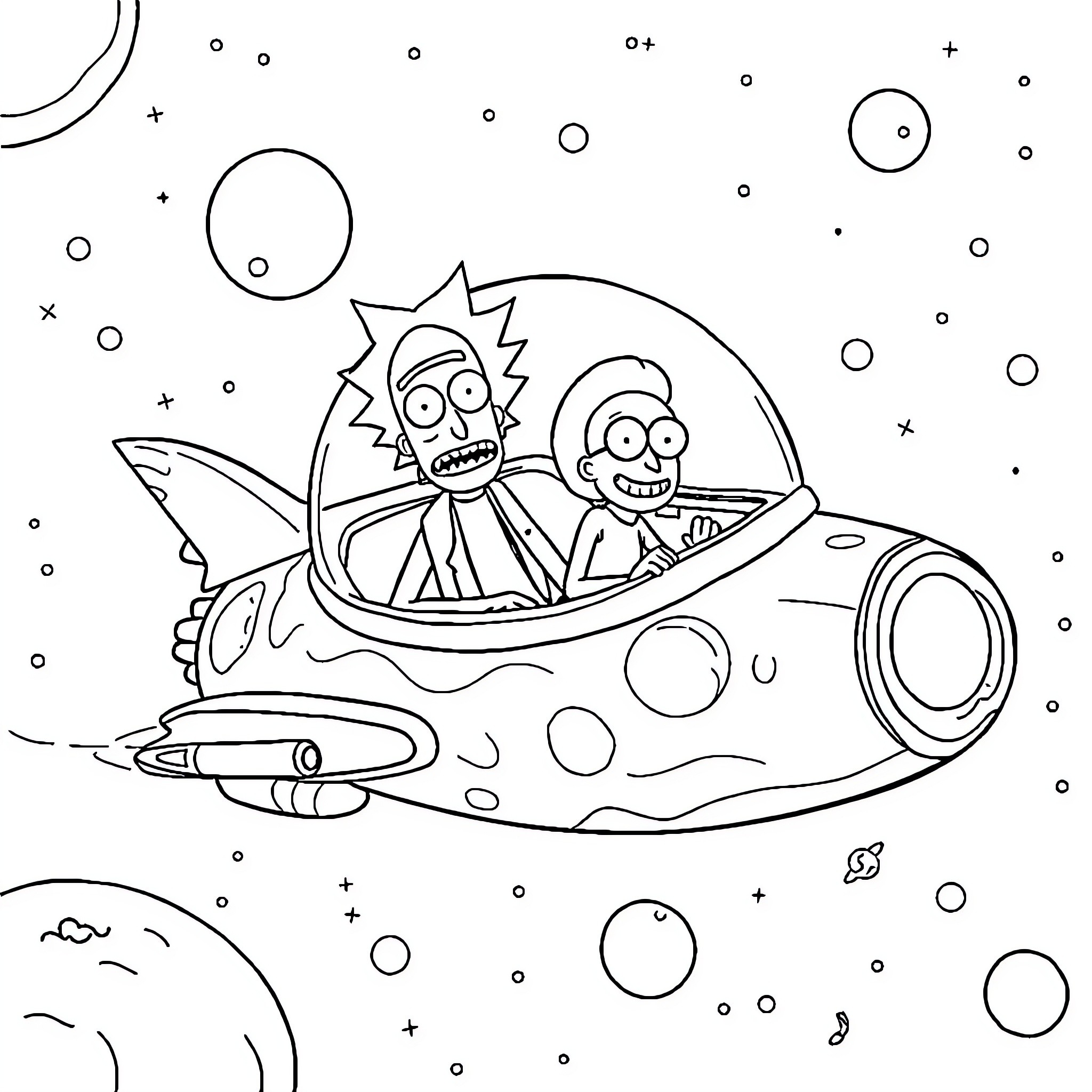 Rick And Morty on an Interstellar Adventure Coloring Page (free black-and-white line drawing printable PDF for all, from beginners to advanced learners, including children, teens, adults, and seniors)