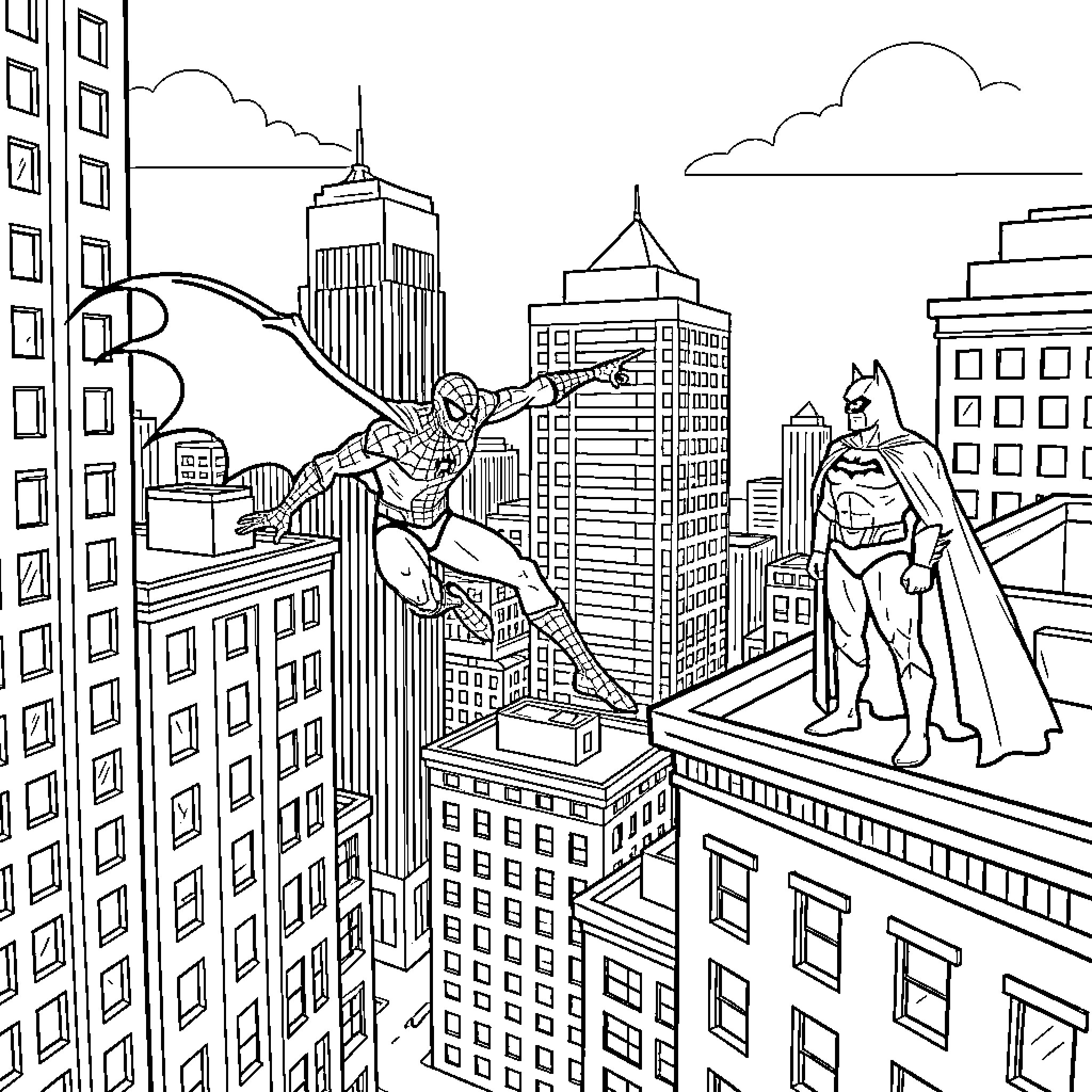 Spiderman leaping between tall city buildings Coloring Page (free black-and-white line drawing printable PDF for all, from beginners to advanced learners, including children, teens, adults, and seniors)
