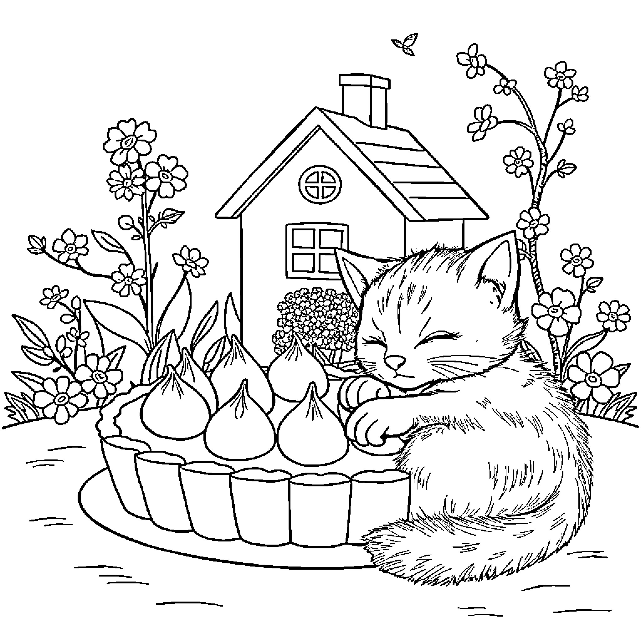 Gato enjoying nature's beauty in the garden Coloring Page (free black-and-white line drawing printable PDF for all, from beginners to advanced learners, including children, teens, adults, and seniors)