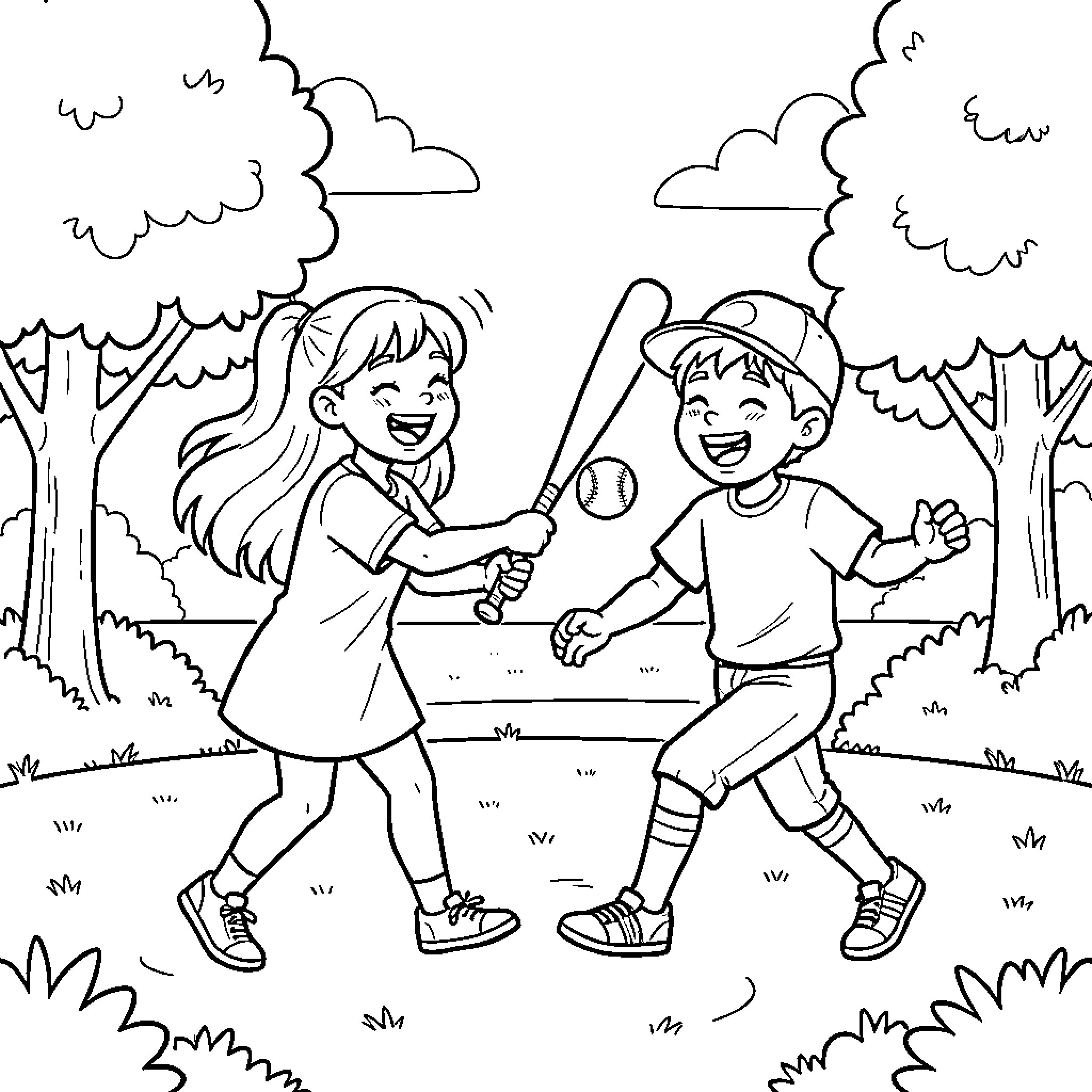 Baseball players having fun in the park Coloring Page (free black-and-white line drawing printable PDF for all, from beginners to advanced learners, including children, teens, adults, and seniors)