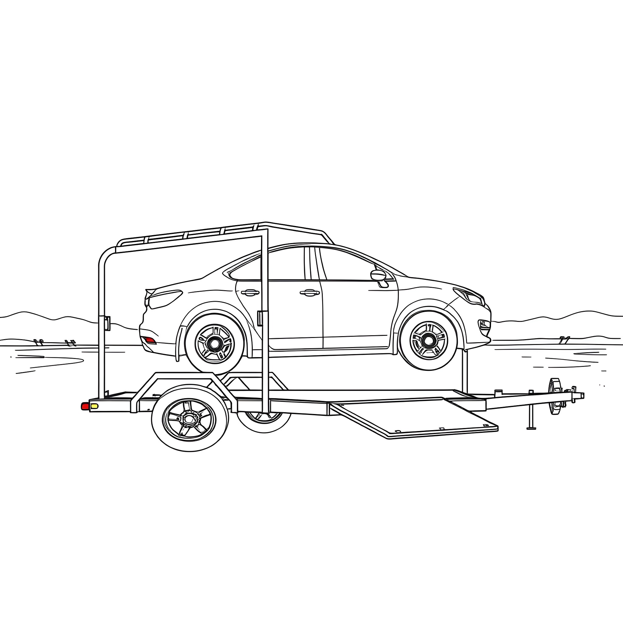 Car Trailer Transporting a Vehicle on the Road Coloring Page (free black-and-white line drawing printable PDF for all, from beginners to advanced learners, including children, teens, adults, and seniors)