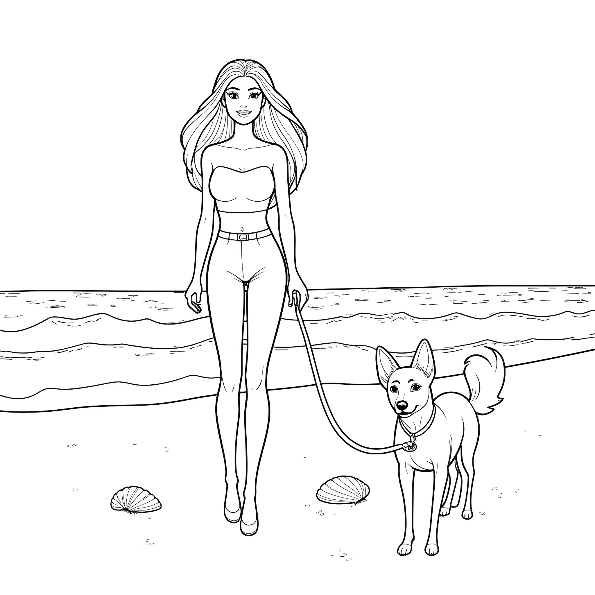 Barbie walking her dog on the beach Coloring Page (free black-and-white line drawing printable PDF for all, from beginners to advanced learners, including children, teens, adults, and seniors)