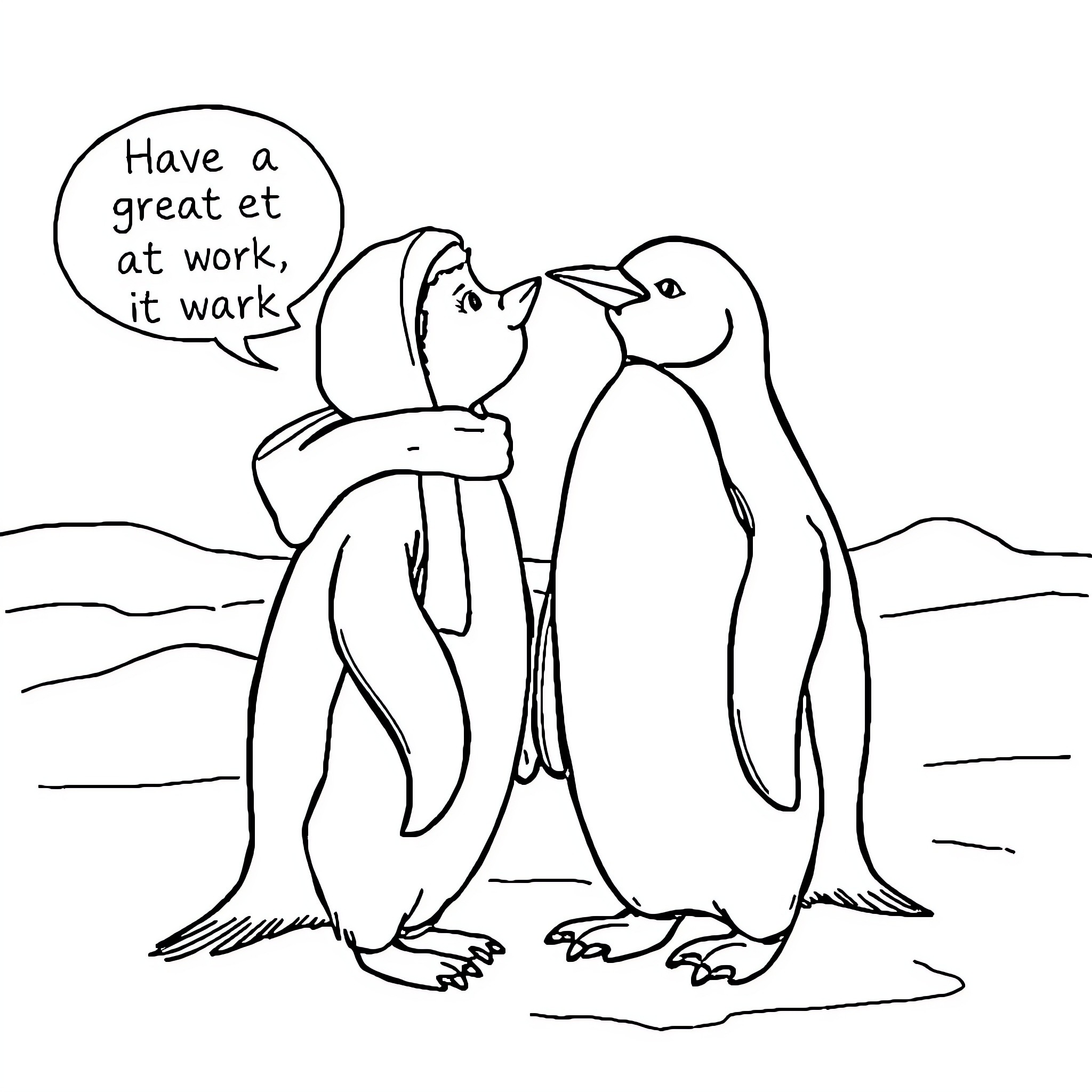 Penguin Couple Encouraging Each Other Coloring Page (free black-and-white line drawing printable PDF for all, from beginners to advanced learners, including children, teens, adults, and seniors)