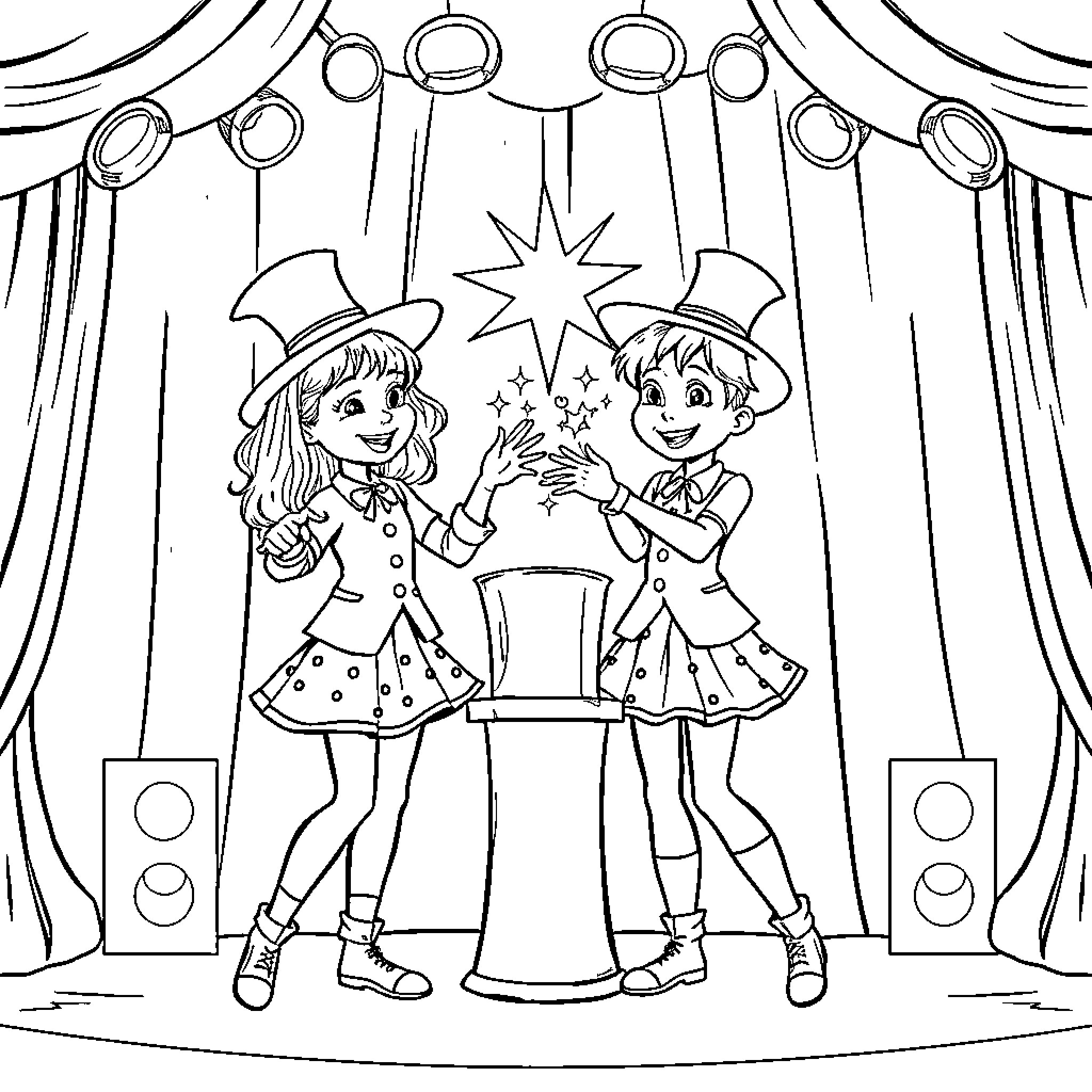Twin performers on stage with spotlight Coloring Page (free black-and-white line drawing printable PDF for all, from beginners to advanced learners, including children, teens, adults, and seniors)