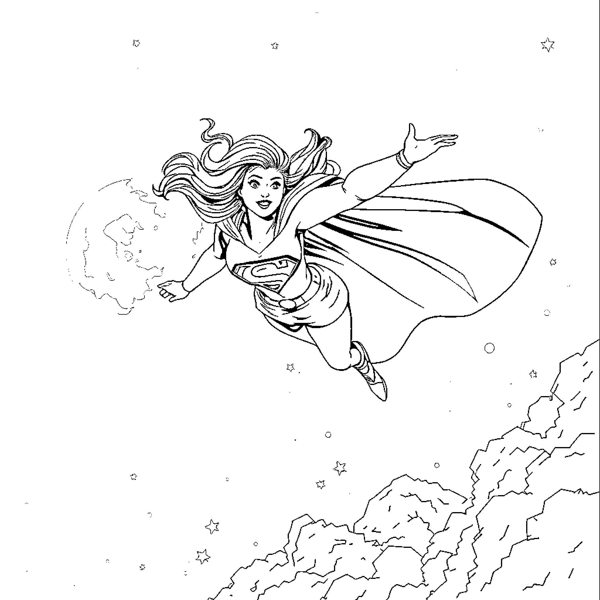 Supergirl soaring through the skies with determination Coloring Page (free black-and-white line drawing printable PDF for all, from beginners to advanced learners, including children, teens, adults, and seniors)