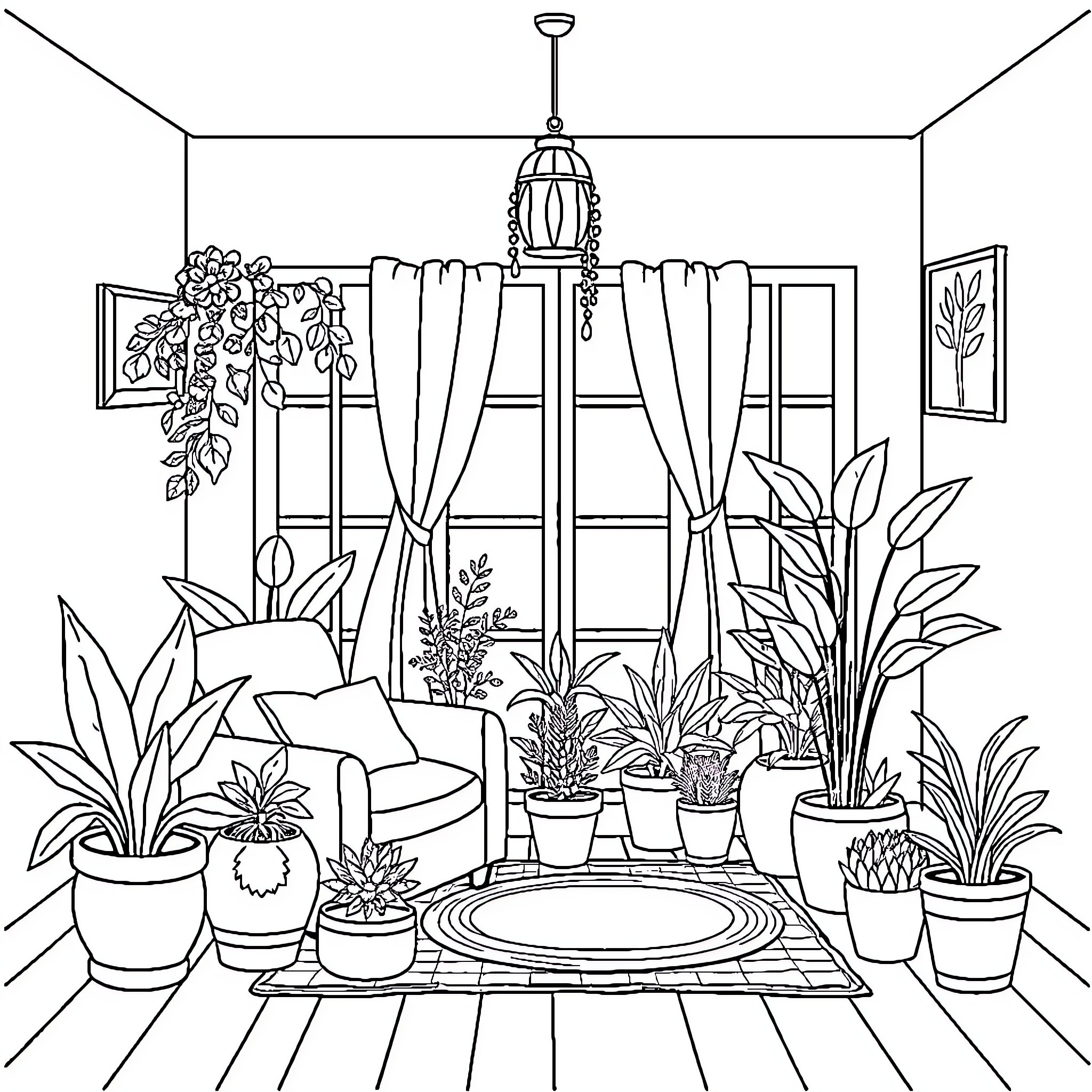 Drawing of a cozy indoor plant-filled room Coloring Page (free black-and-white line drawing printable PDF for all, from beginners to advanced learners, including children, teens, adults, and seniors)