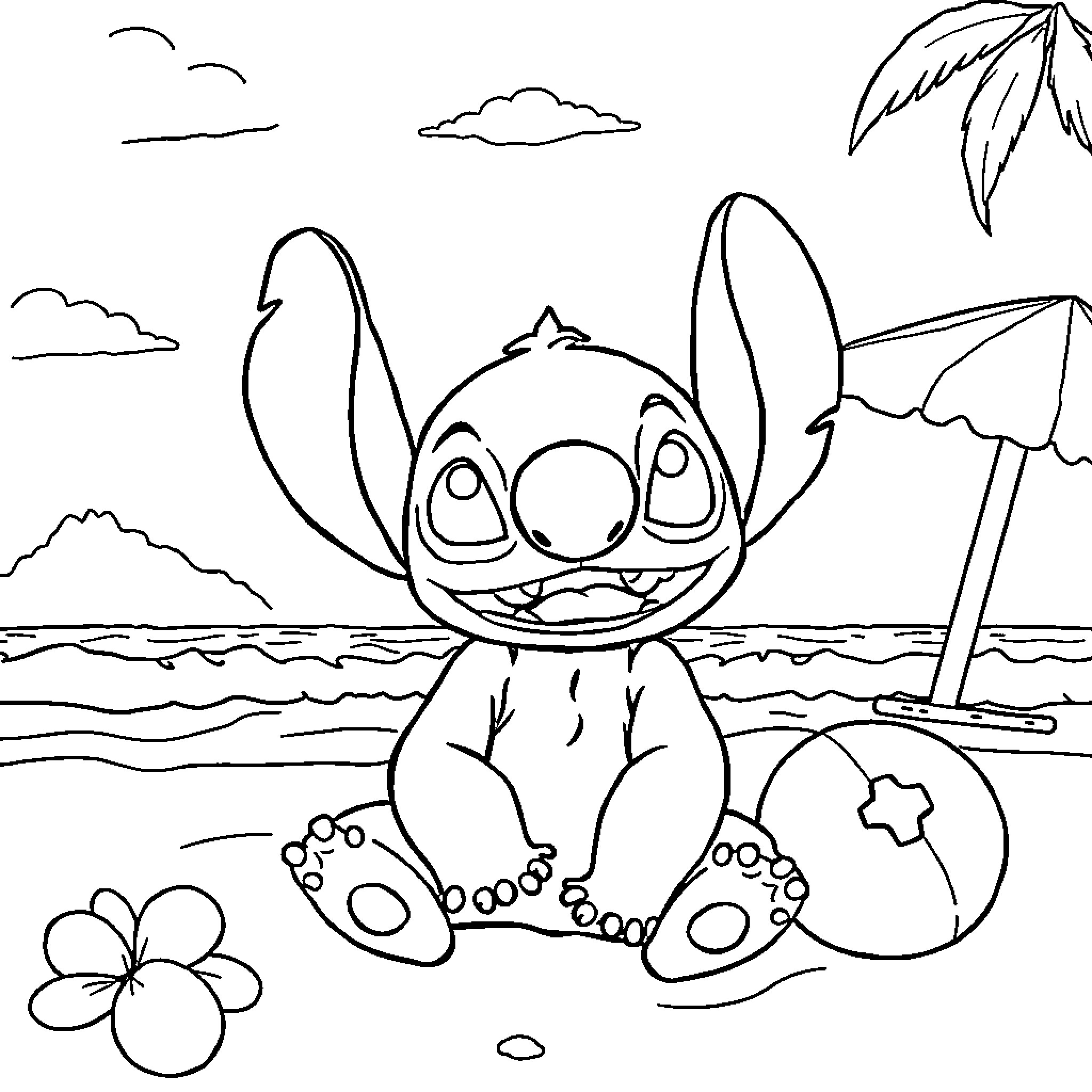 Stitch having fun at the beach Coloring Page (free black-and-white line drawing printable PDF for all, from beginners to advanced learners, including children, teens, adults, and seniors)