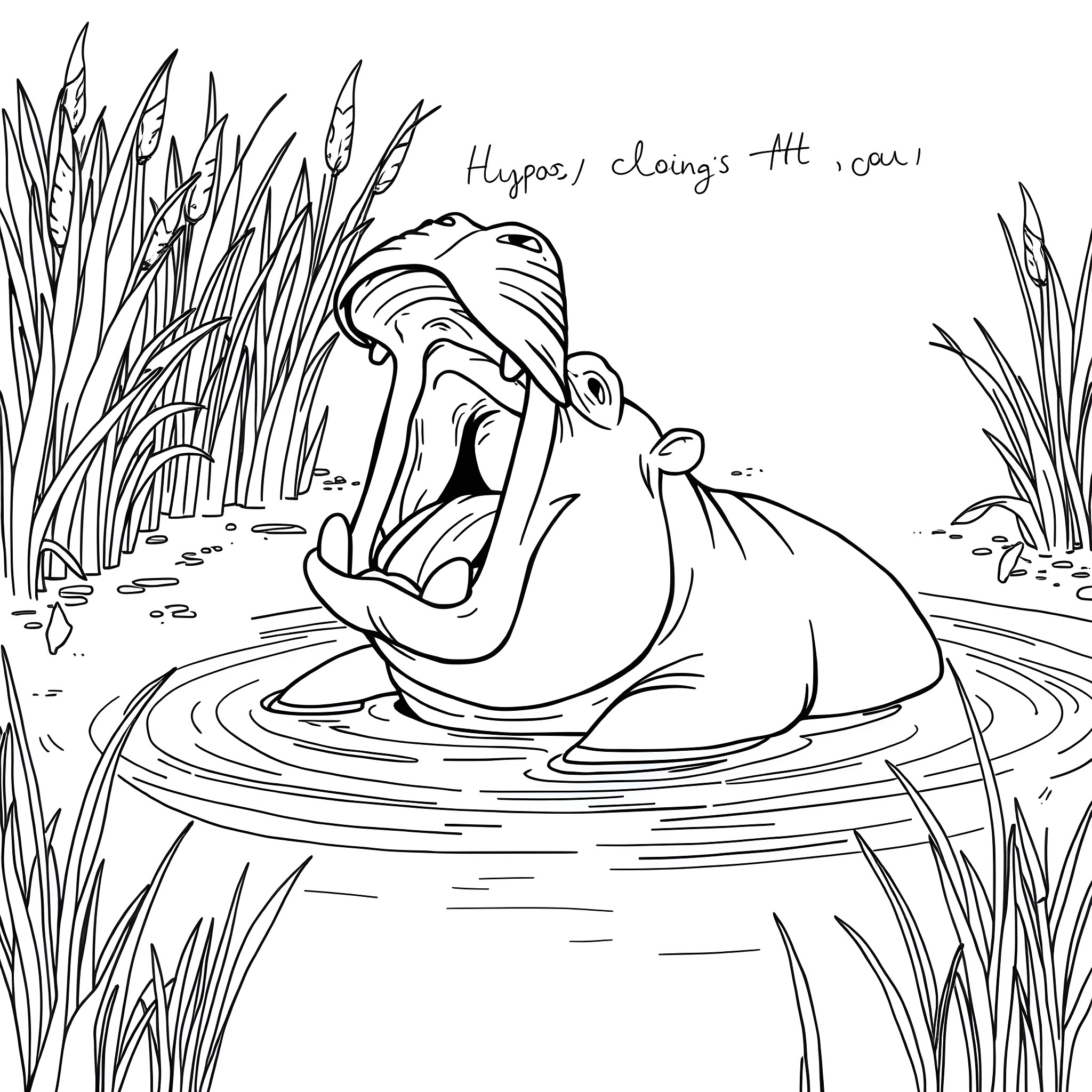 Hippo yawning in the river Coloring Page (free black-and-white line drawing printable PDF for all, from beginners to advanced learners, including children, teens, adults, and seniors)