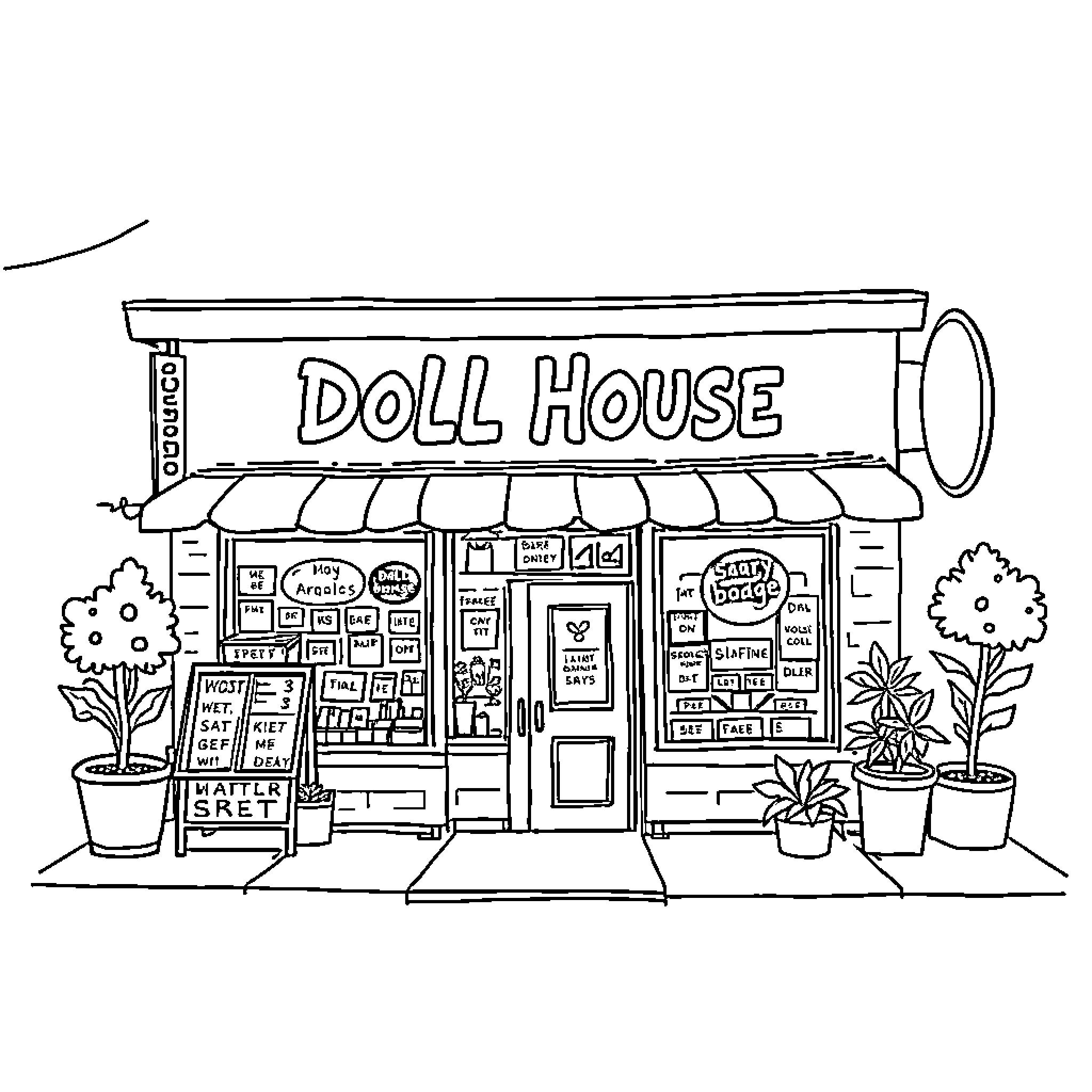 Bodega Doll House with Storefront Display Coloring Page (free black-and-white line drawing printable PDF for all, from beginners to advanced learners, including children, teens, adults, and seniors)