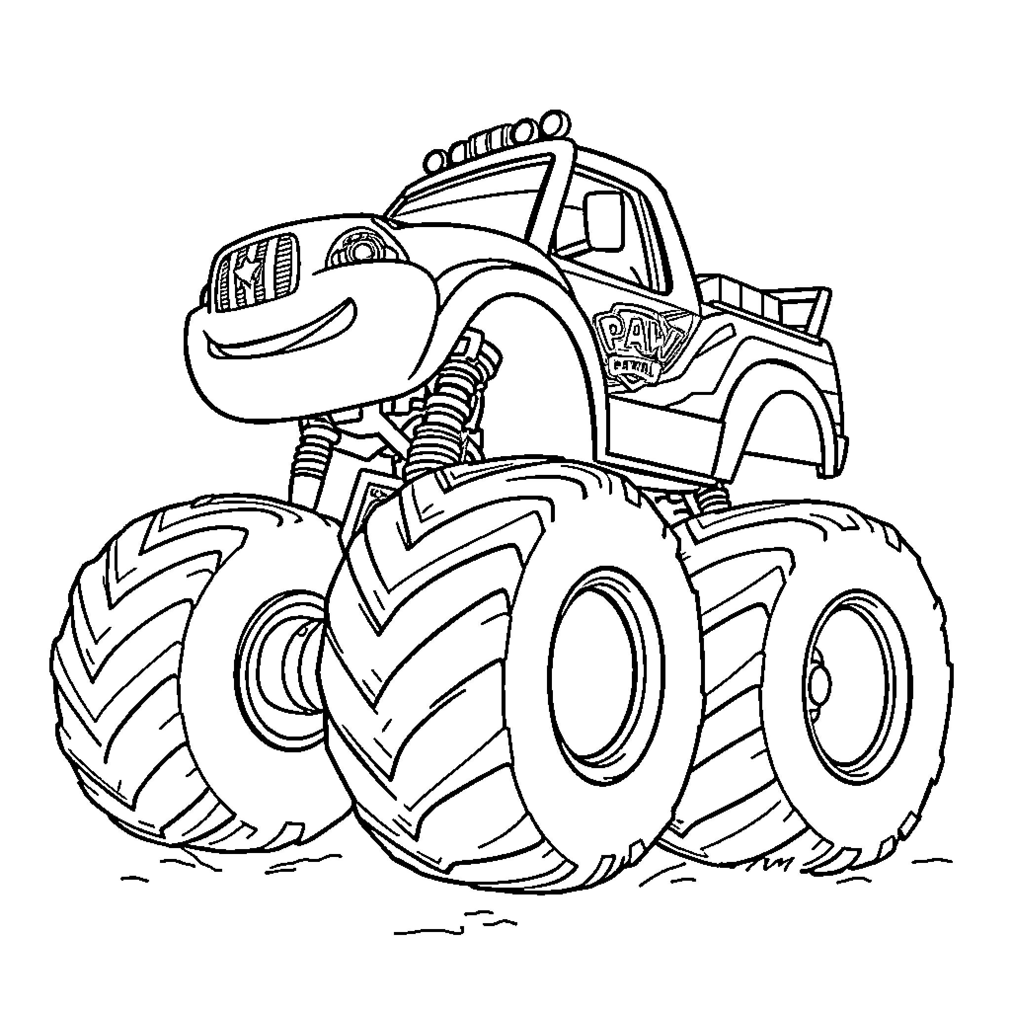 Monster Truck Performing Stunts on the Road Coloring Page (free black-and-white line drawing printable PDF for all, from beginners to advanced learners, including children, teens, adults, and seniors)