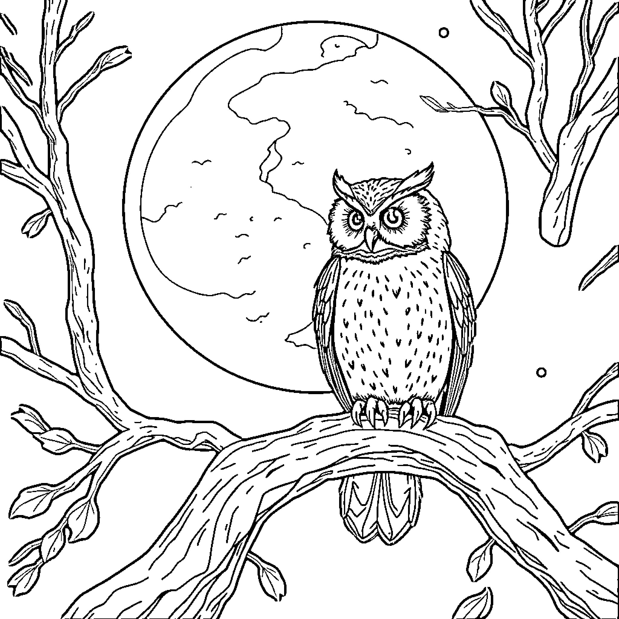 Owl perched under the moonlight Coloring Page (free black-and-white line drawing printable PDF for all, from beginners to advanced learners, including children, teens, adults, and seniors)