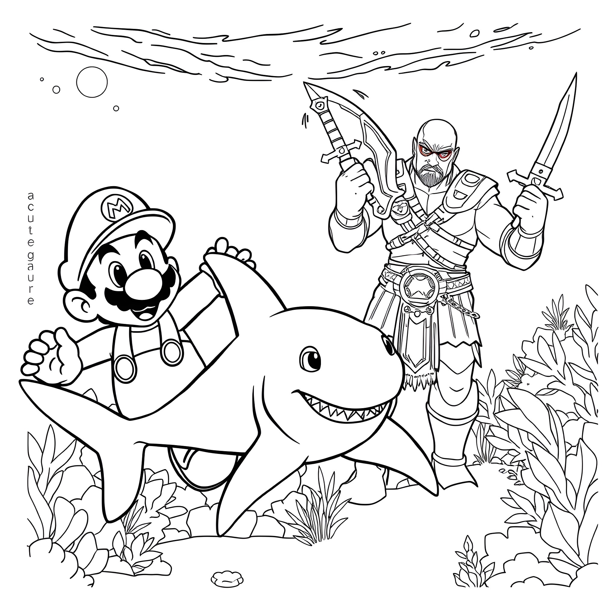Baby Shark battles an underwater warrior Coloring Page (free black-and-white line drawing printable PDF for all, from beginners to advanced learners, including children, teens, adults, and seniors)
