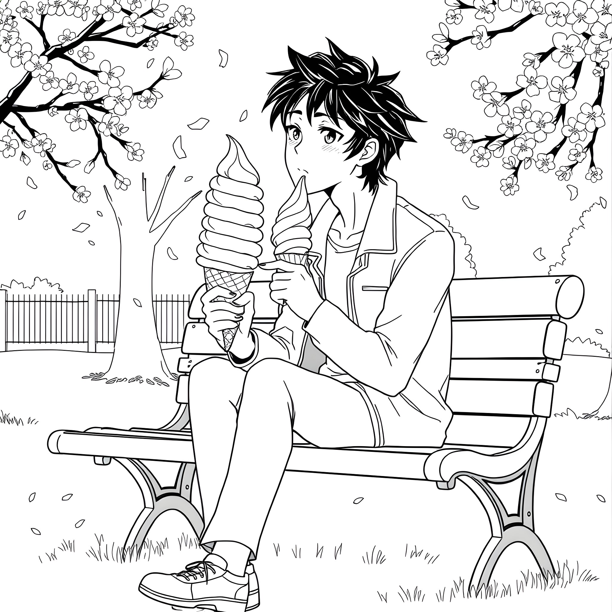 Aizawa enjoying a relaxing day outdoors with ice cream Coloring Page (free black-and-white line drawing printable PDF for all, from beginners to advanced learners, including children, teens, adults, and seniors)