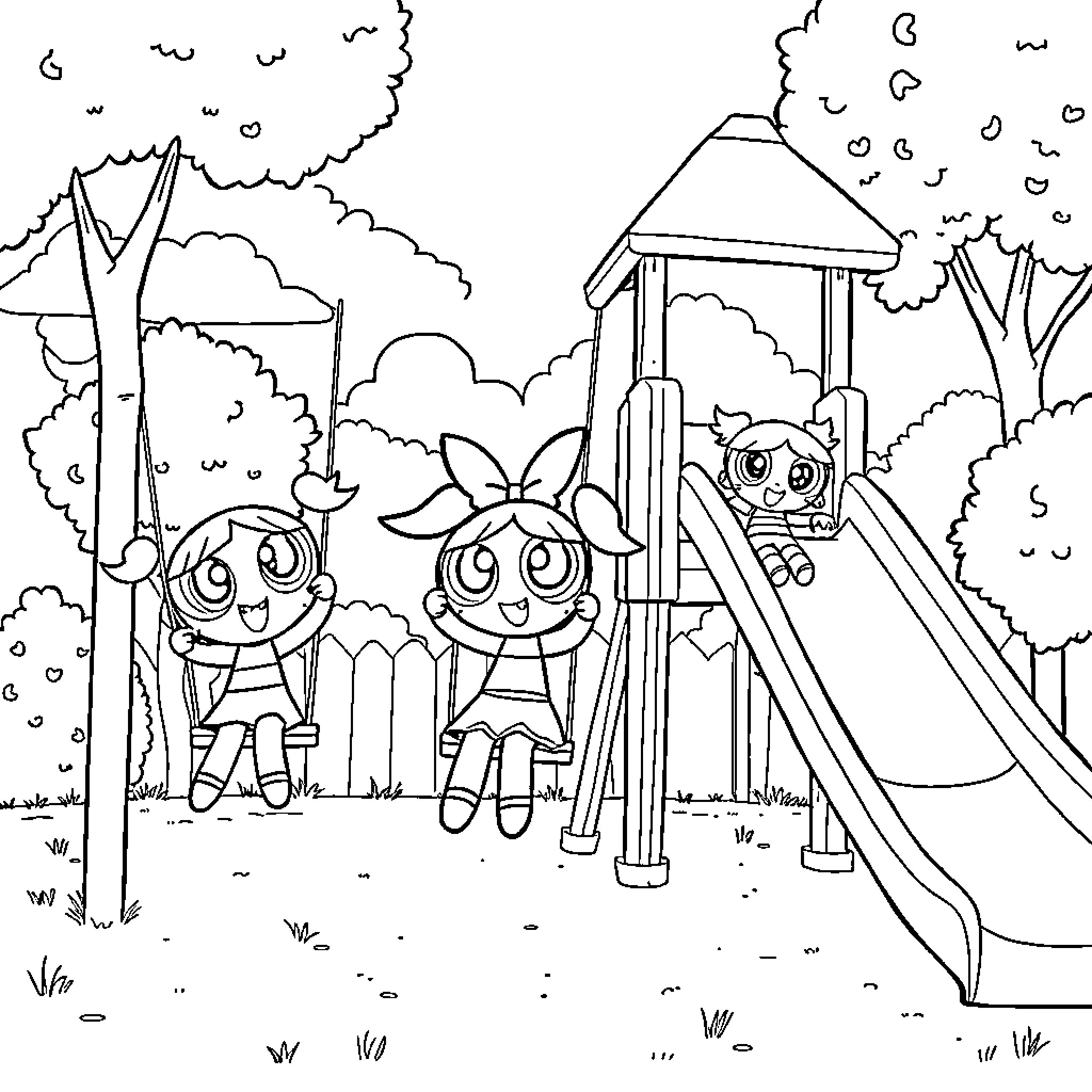 Powerpuff Girls playing on the playground Coloring Page (free black-and-white line drawing printable PDF for all, from beginners to advanced learners, including children, teens, adults, and seniors)