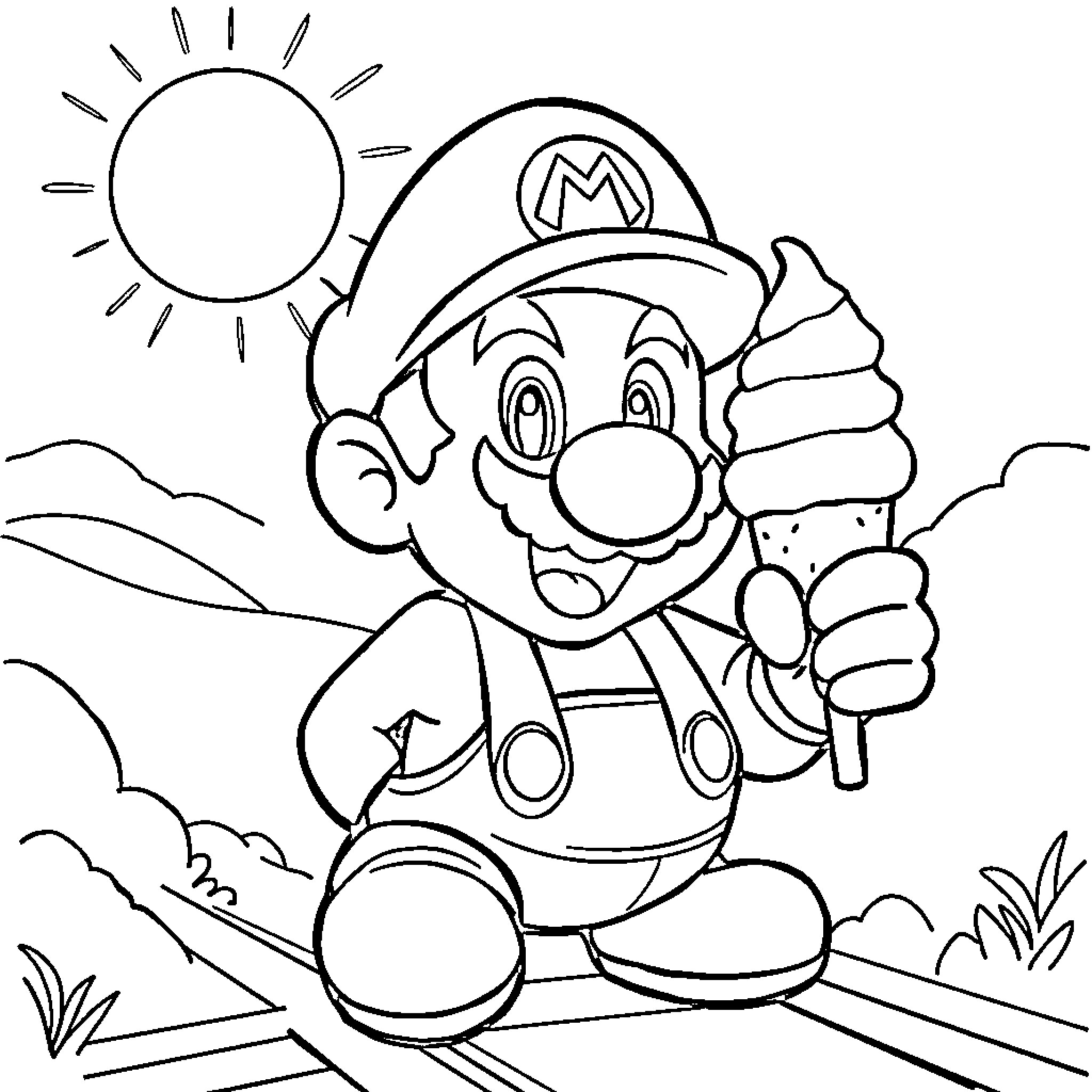 Mario enjoying a sunny day with ice cream Coloring Page (free black-and-white line drawing printable PDF for all, from beginners to advanced learners, including children, teens, adults, and seniors)