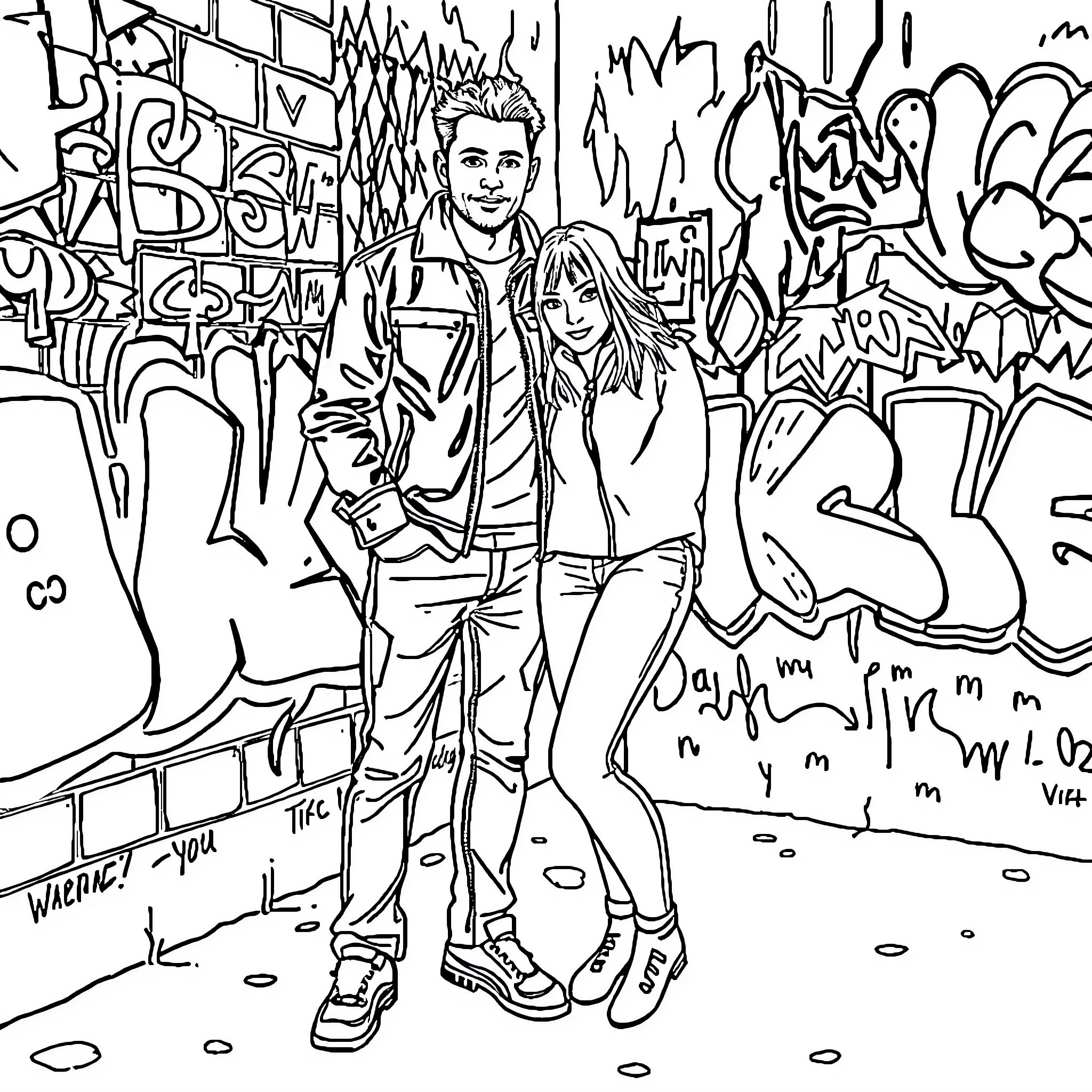Jason and his friend explore the graffiti-covered walls Coloring Page (free black-and-white line drawing printable PDF for all, from beginners to advanced learners, including children, teens, adults, and seniors)