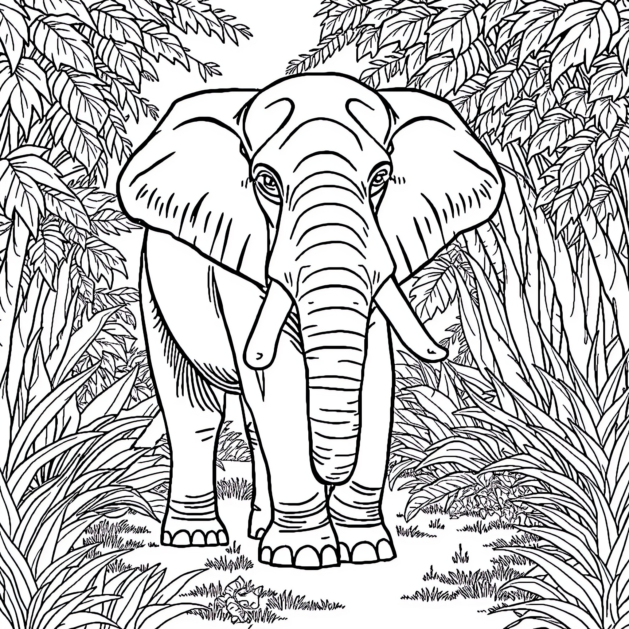 Gaja the Majestic Elephant in the Lush Jungle Coloring Page (free black-and-white line drawing printable PDF for all, from beginners to advanced learners, including children, teens, adults, and seniors)