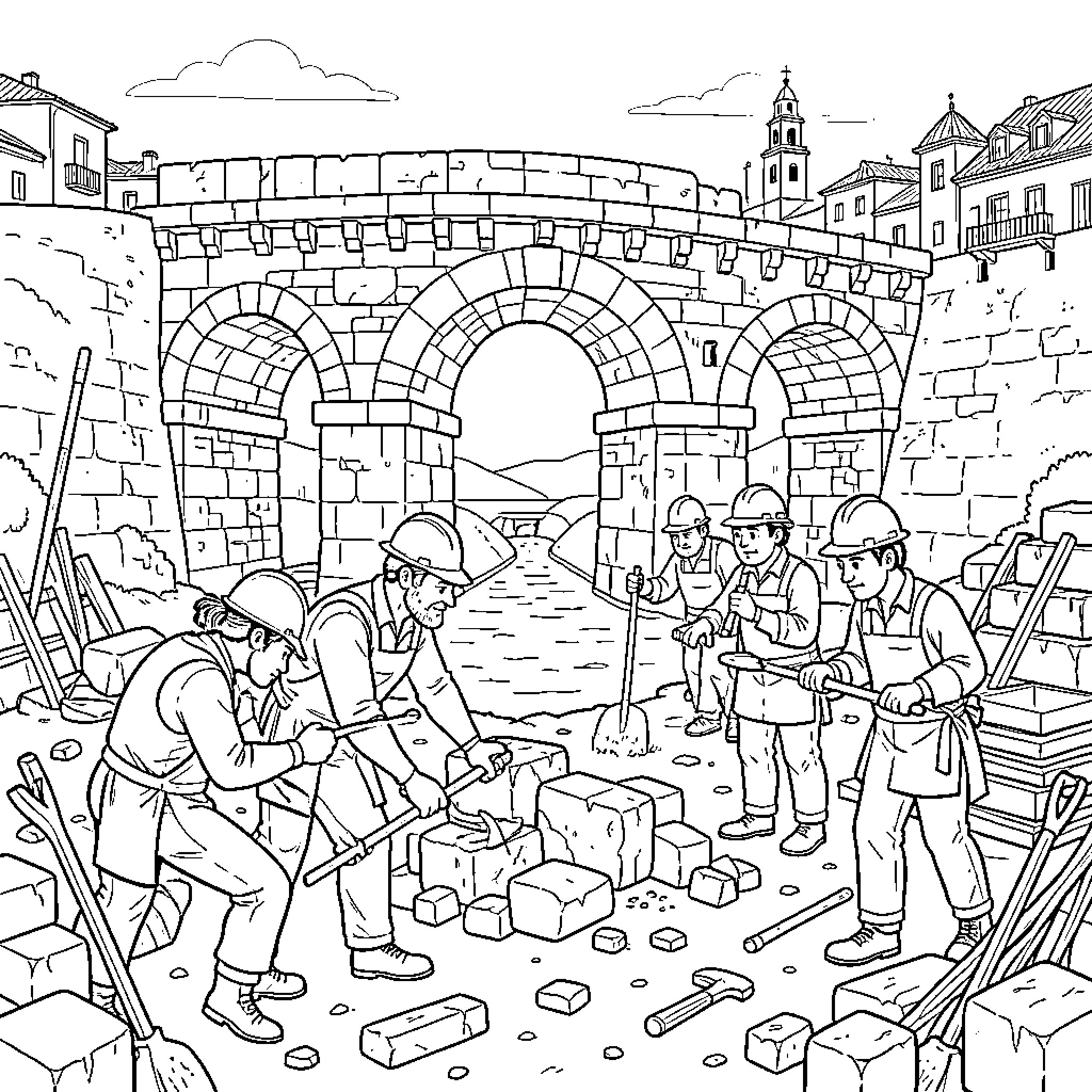 Roman Bridge Construction Site with Workers Coloring Page (free black-and-white line drawing printable PDF for all, from beginners to advanced learners, including children, teens, adults, and seniors)