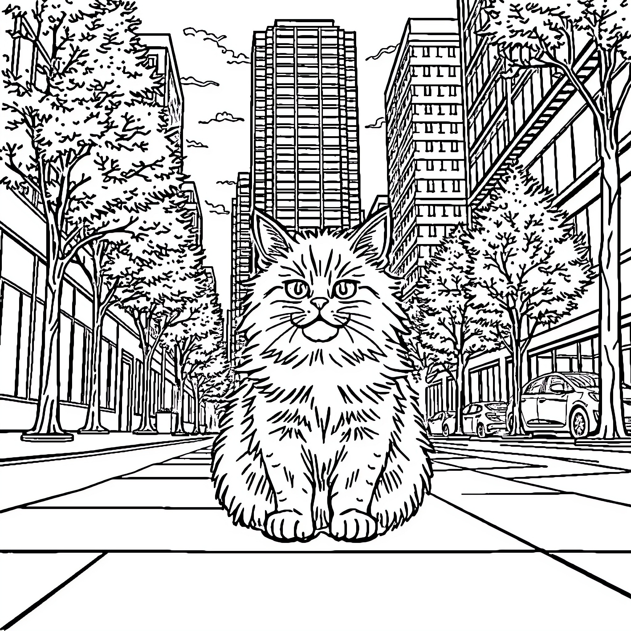 Kitty Exploring the City Skyline Coloring Page (free black-and-white line drawing printable PDF for all, from beginners to advanced learners, including children, teens, adults, and seniors)