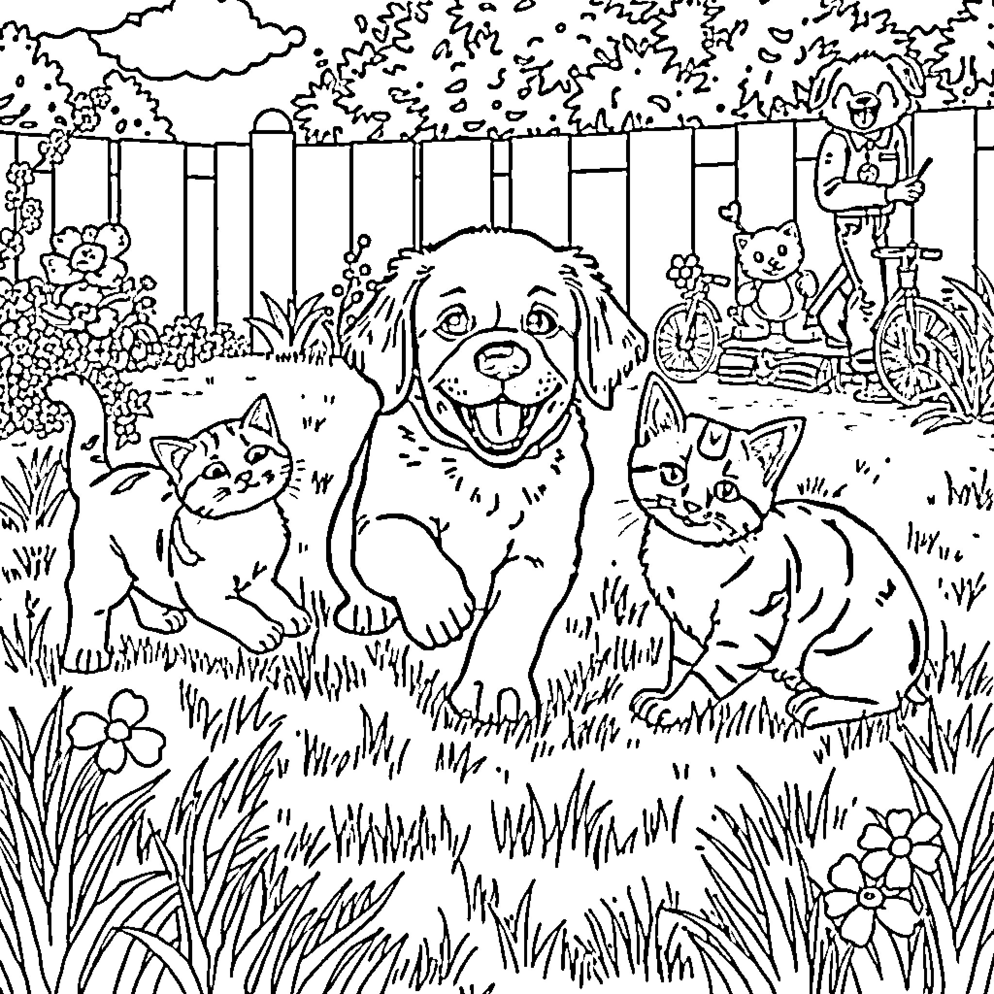 Puppy enjoying the outdoors with friends Coloring Page (free black-and-white line drawing printable PDF for all, from beginners to advanced learners, including children, teens, adults, and seniors)