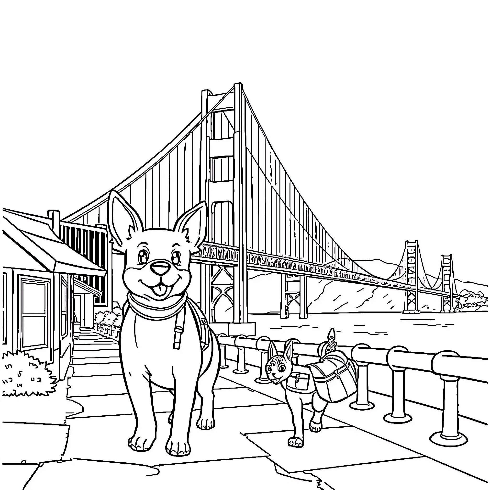Paw Patrol Stella exploring San Francisco landmarks Coloring Page (free black-and-white line drawing printable PDF for all, from beginners to advanced learners, including children, teens, adults, and seniors)