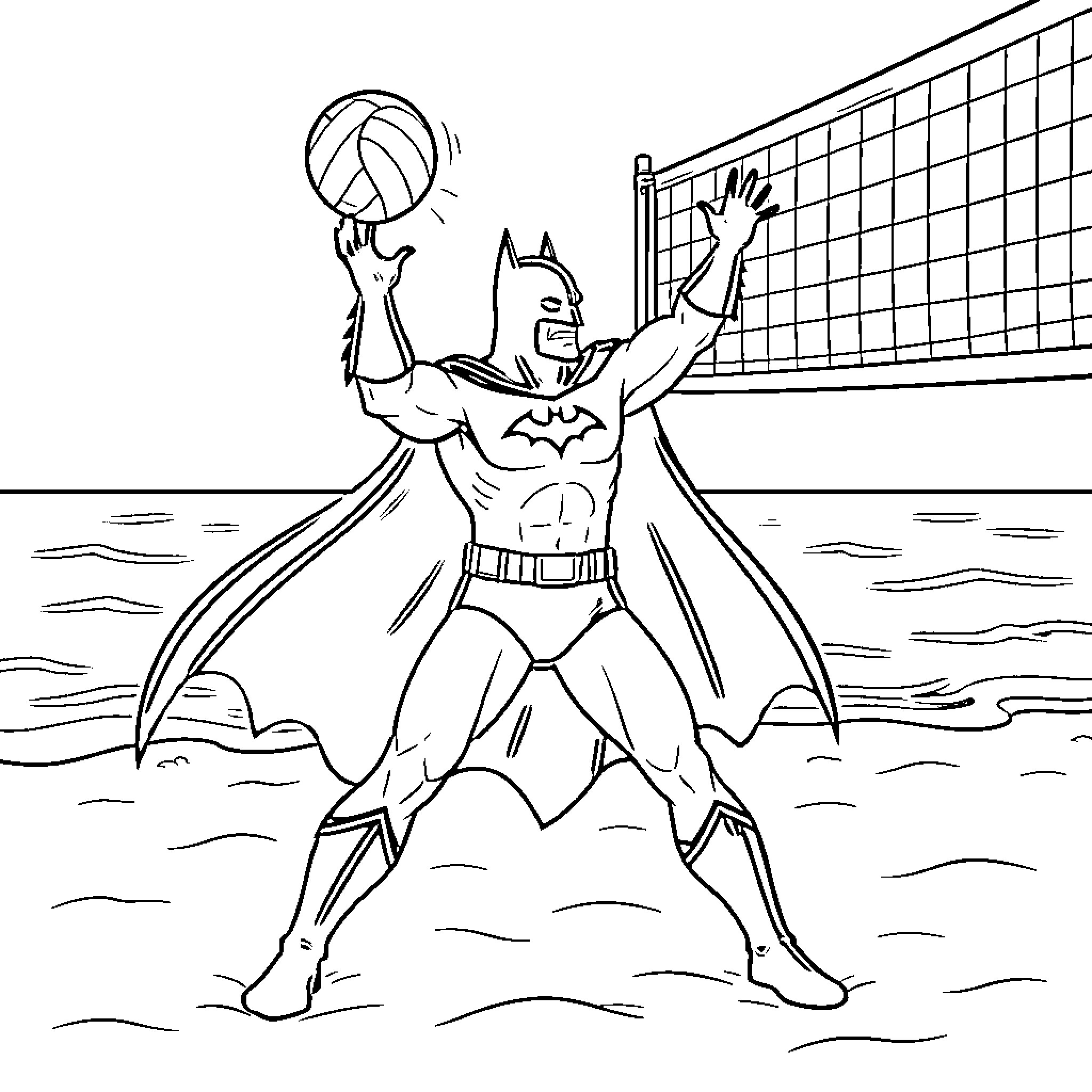 Batman Playing Volleyball on the Beach Coloring Page (free black-and-white line drawing printable PDF for all, from beginners to advanced learners, including children, teens, adults, and seniors)