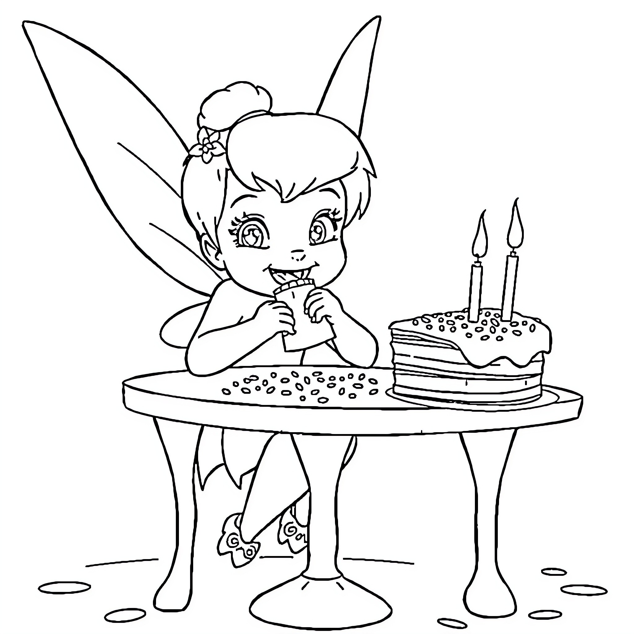 Tinkerbell celebrates birthday with cake and candles Coloring Page (free black-and-white line drawing printable PDF for all, from beginners to advanced learners, including children, teens, adults, and seniors)