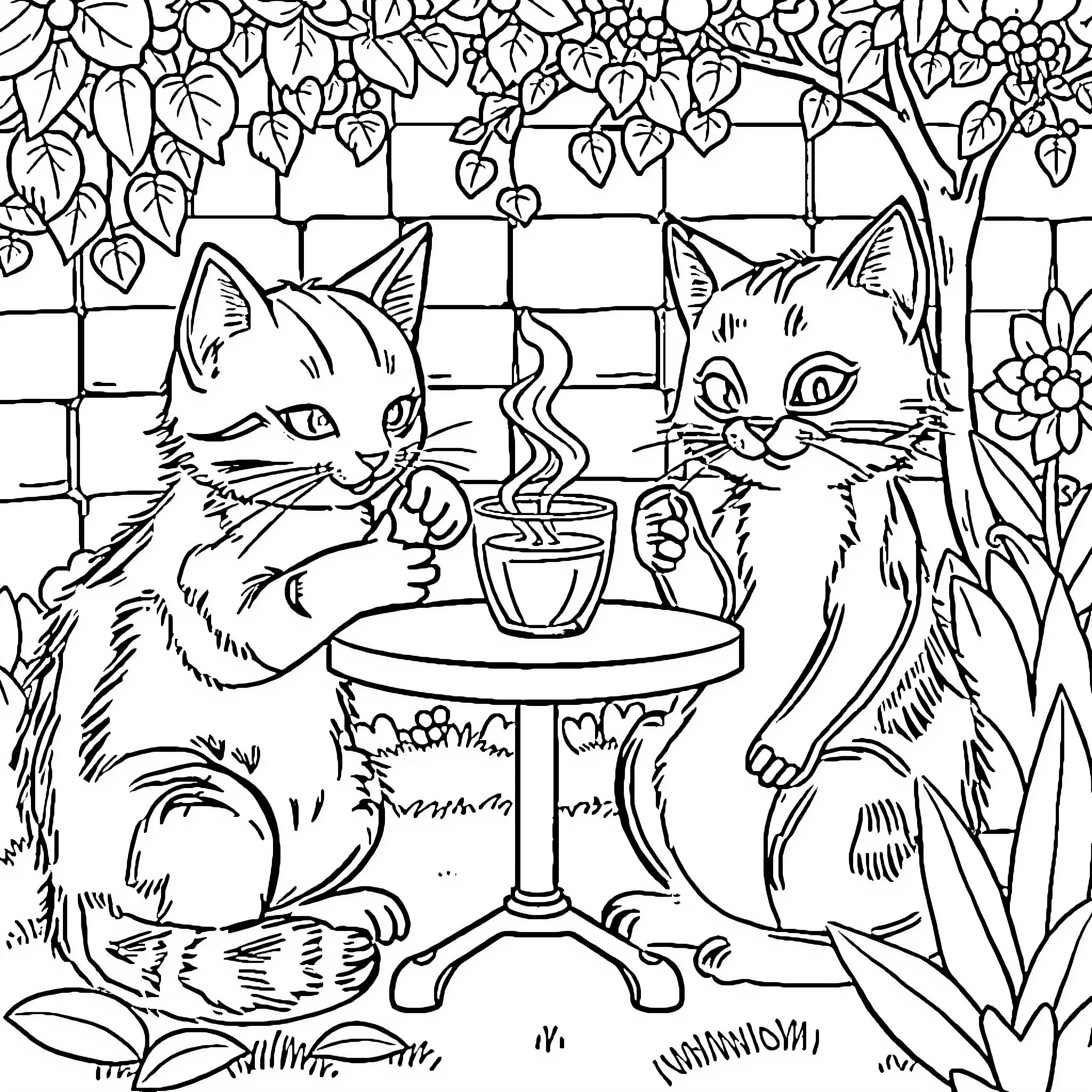 Kittens Enjoying a Cozy Cafe Scene Coloring Page (free black-and-white line drawing printable PDF for all, from beginners to advanced learners, including children, teens, adults, and seniors)