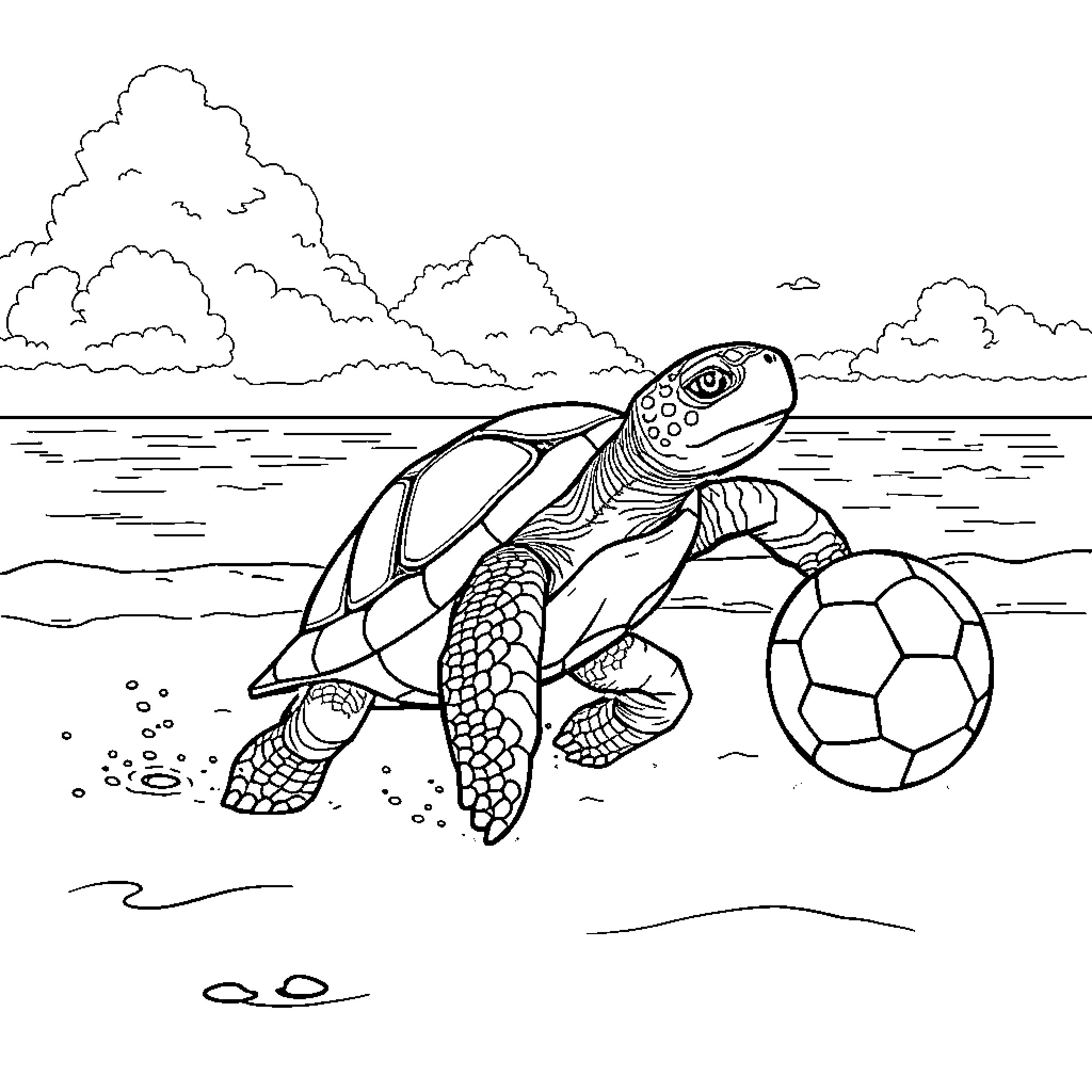 Turtle playing with soccer ball on the beach Coloring Page (free black-and-white line drawing printable PDF for all, from beginners to advanced learners, including children, teens, adults, and seniors)