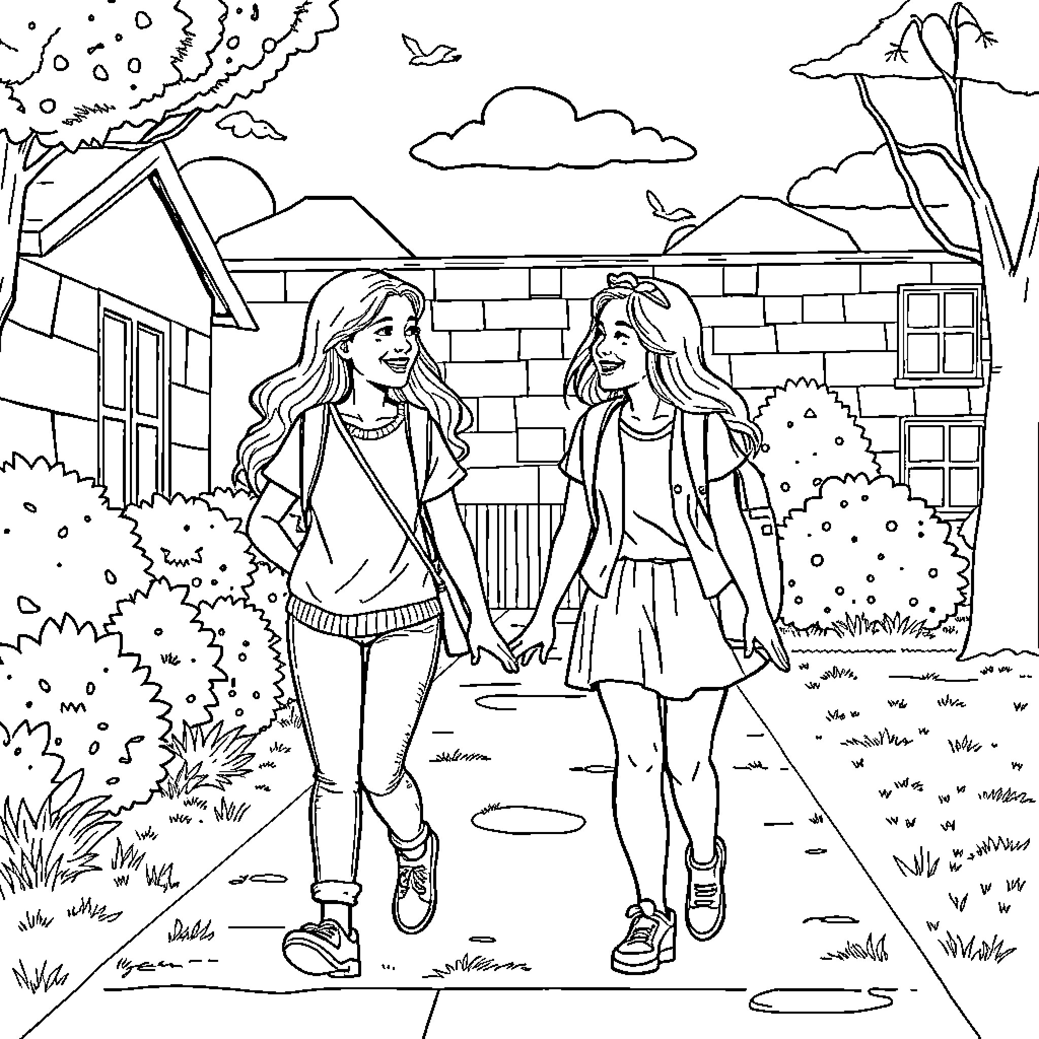Friend enjoying a sunny day with their companion Coloring Page (free black-and-white line drawing printable PDF for all, from beginners to advanced learners, including children, teens, adults, and seniors)