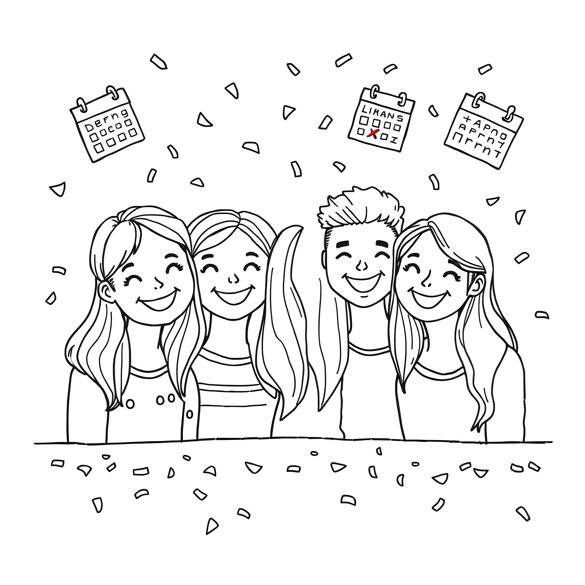 Card with Friends Enjoying Celebration Coloring Page (free black-and-white line drawing printable PDF for all, from beginners to advanced learners, including children, teens, adults, and seniors)